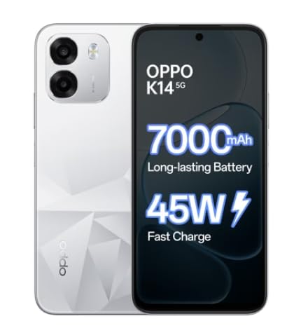 OPPO K14 5G Smartphone, Prism White, 6GB RAM, 128GB Storage, 7000 mAh Battery, 45W Fast Charge 1