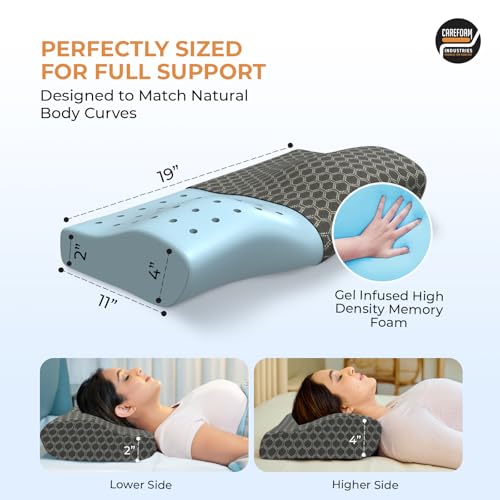 CareFoam Cooling Gel Memory Foam Cervical Neck Pillow | 2 Years Warranty | Pain Relief Sleep, Improves Posture Spinal Alignment, Neck Pain Relief |19 x 12 x 4 Inch| Black Jacquard Cover | Pack of 1 3