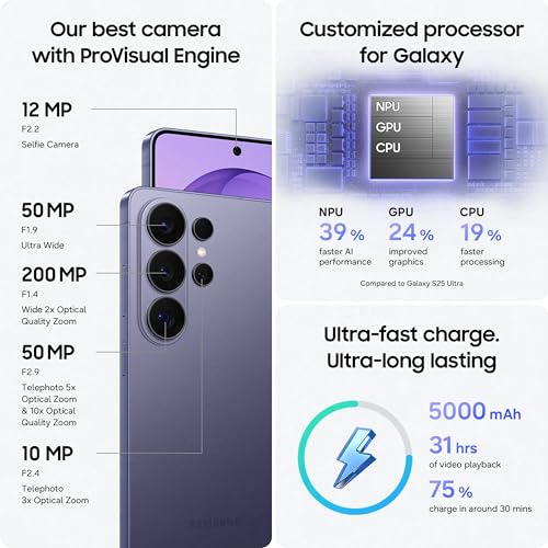 Samsung Galaxy S26 Ultra 5G (Cobalt Violet, 12GB RAM, 256GB Storage) with Built-in Privacy Display, AI Phone, Photo Assist, Creative Studio, 200MP Camera, 5000mAh Battery and Snapdragon 8 Elite Gen 5 5