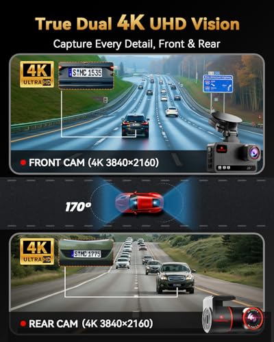 TERUNSOUl 4K+4K Dash Cam Front and Rear, Free 128GB Card Included, 5.8GHz WiFi Dash Camera for Cars, Built-in GPS, G-Sensor, 170°Wide Angle, 3" IPS Screen, 24H Parking Mode, Support 512GB Max 2