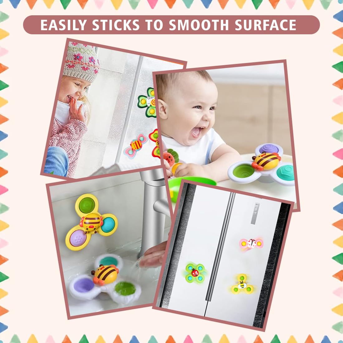 Wembley Suction Spinner Toy for Baby Bath Toys Water Toys for Kids Fidget Spinner Spinning Sensory Toddler Infant Flight Travel Toy Stick to Car Window Table Chair Birthday Return Gift for Kids 3 Pcs 6