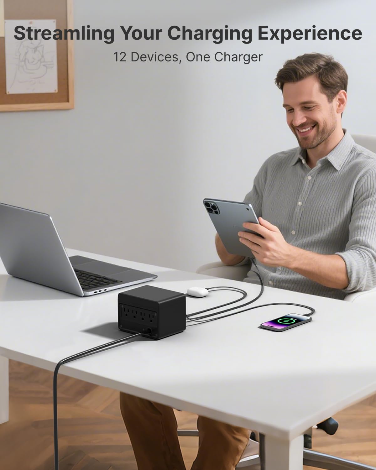 Gitryin 1 DC, 1 Lightning, 2 Type-C Retractable Wall Chargers with 2 USB A Ports and 1 Power Strip, 12-in-1 Desktop Charging Station 4