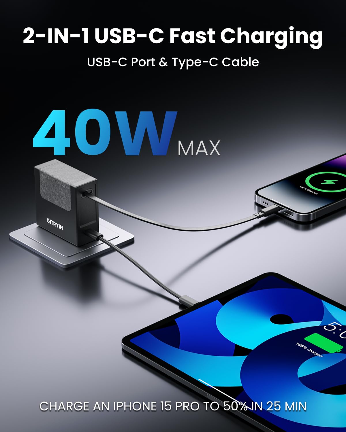 Gitryin 1 DC, 1 Lightning, 2 Type-C Retractable Wall Chargers with 2 USB A Ports and 1 Power Strip, 12-in-1 Desktop Charging Station 6