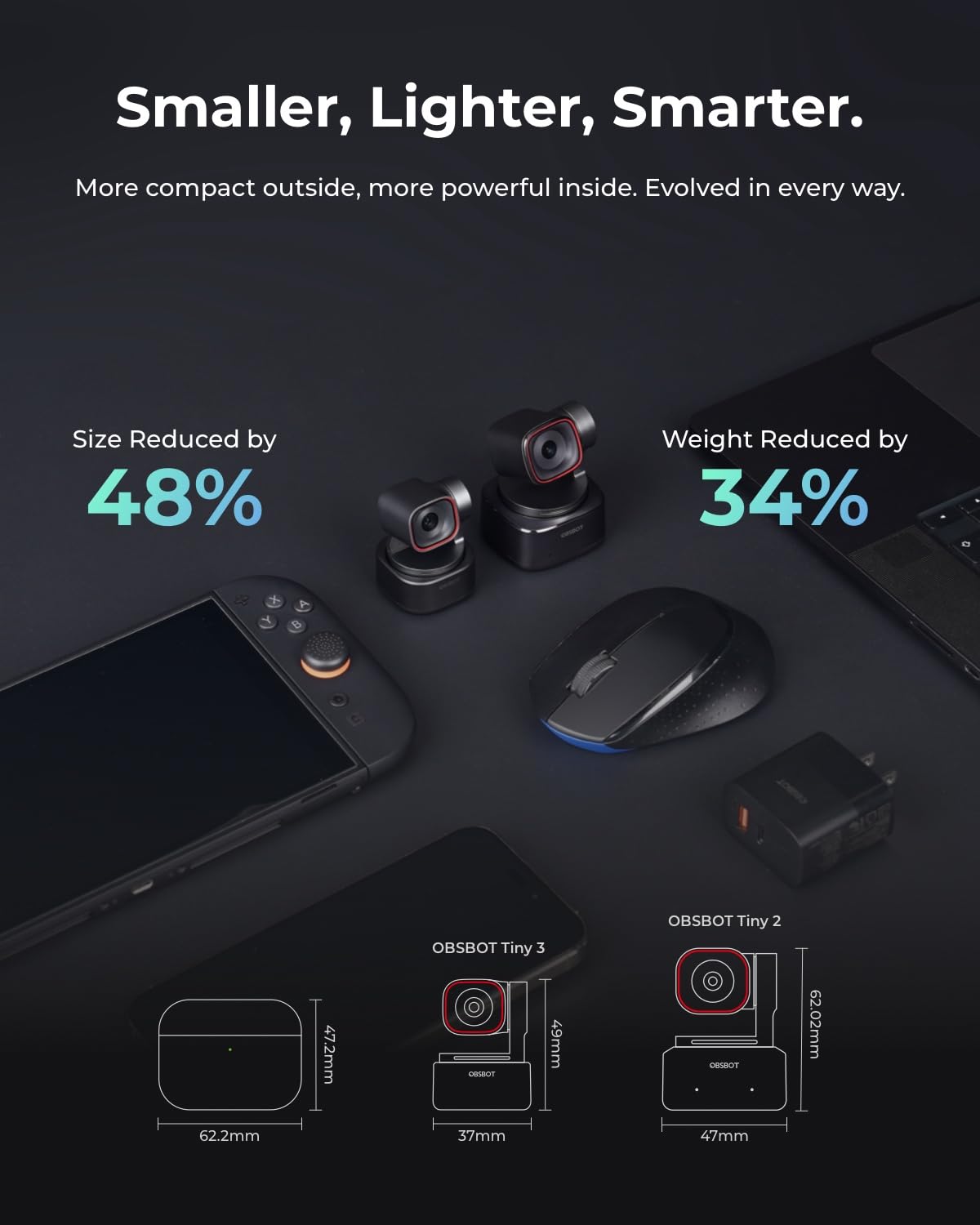 OBSBOT Tiny 3 AI-Powered Spatial Audio 4K Webcam, AI Tracking PTZ Camera with 1/1.28" Sensor, Tri-Mic, Voice & Gesture Control, 120FPS, HDR, Web Cam for PC, Laptop, Streaming, Meeting, Switch 2, etc. 4