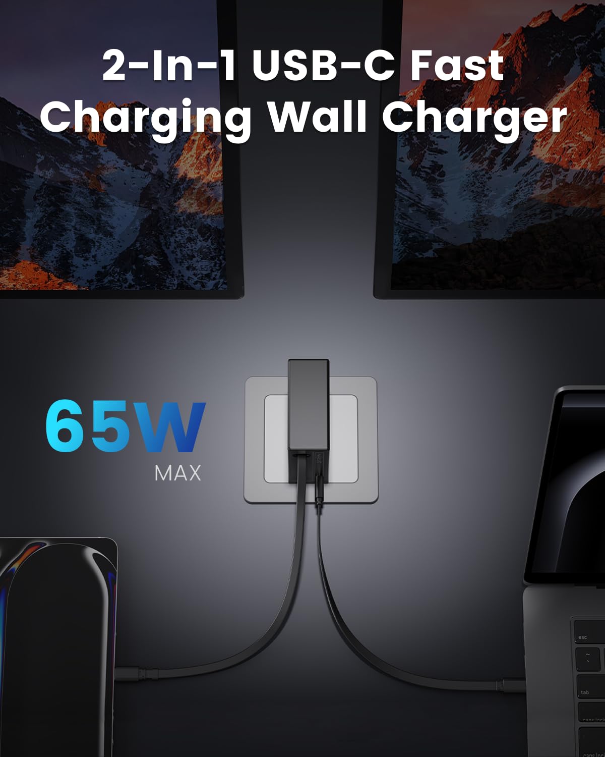 Gitryin 1 65W, 3 40W Type-C Retractable Wall Chargers and 1 Power Strip, 12-in-1 Desktop Charging Station 6