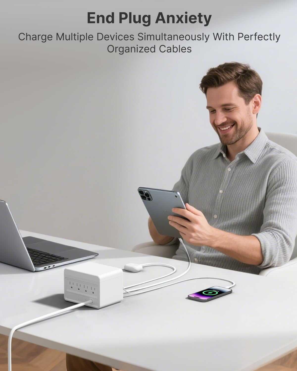 Gitryin 1 DC, 2 Lightning, 2 Type-C Retractable Wall Chargers with 1 USB A Port and 1 Power Strip, Desktop Charging Station 4