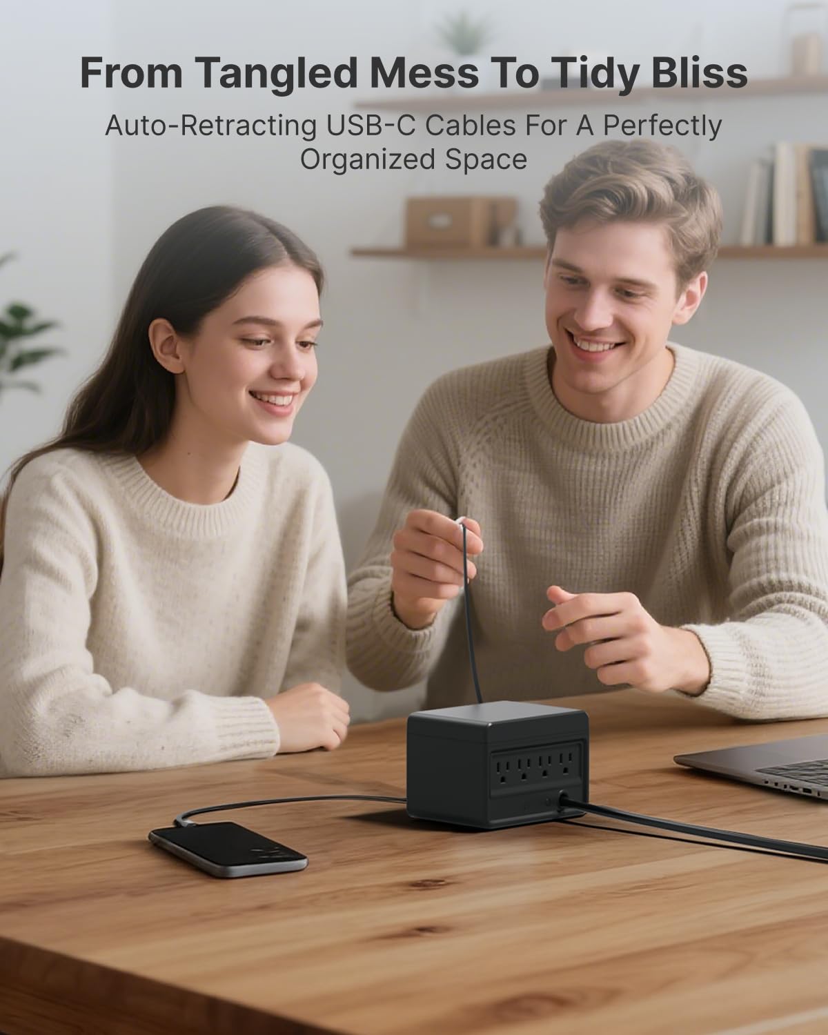 Gitryin 1 DC, 1 Lightning, 2 Type-C Retractable Wall Chargers with 2 USB A Ports and 1 Power Strip, 12-in-1 Desktop Charging Station 5