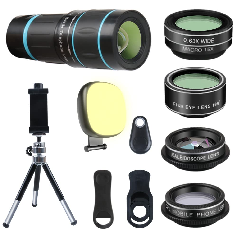 Phone Camera Lens, 6 lenses+ LED Light+ Remote Shutter+ Tripod, 18X Telephoto Zoom/Wide angle/Macro/Fisheye/CPL/Kaleidoscope camera lens kit for iPhone Xs X XR 8 7 6 Plus Samsung and Android 1