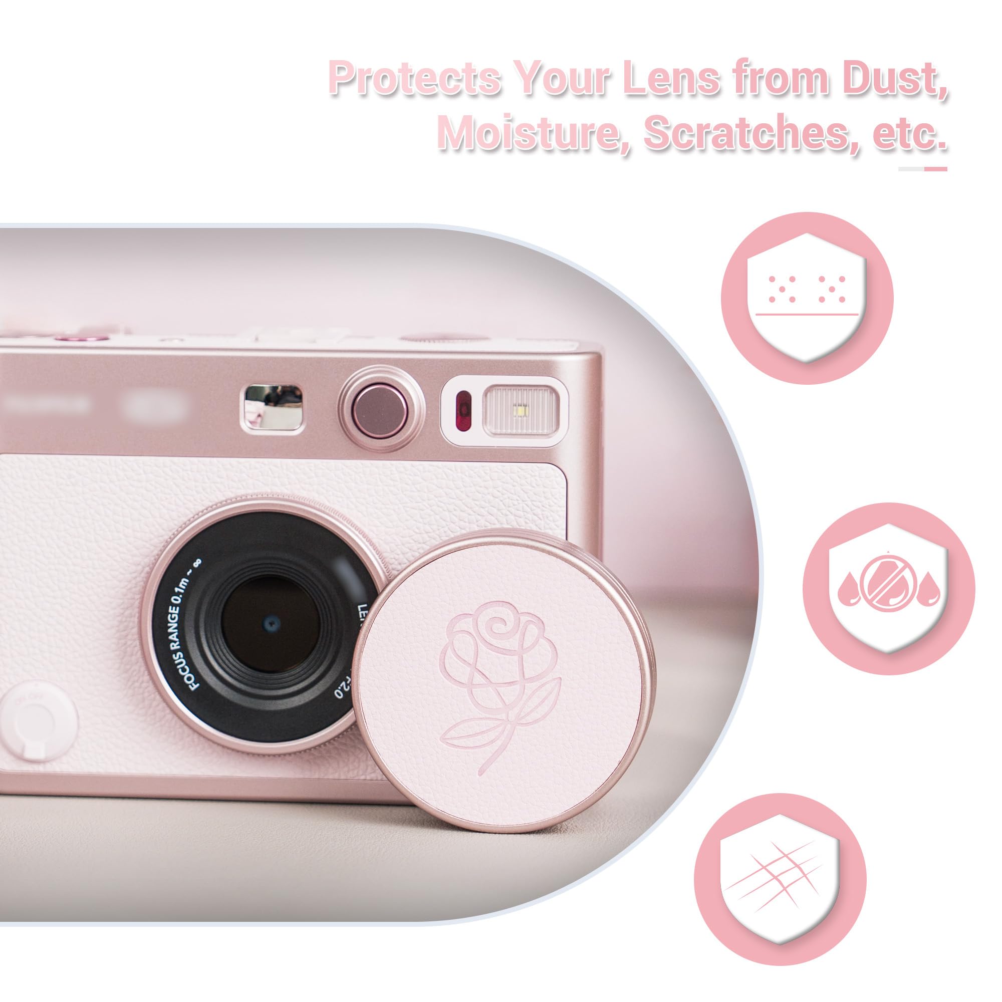 Pink Lens Cap for Fujifilm Insta Mini EVO, Retro Leather Aluminum Anti-Dust Anti-Scratches Lightweight Camera Lens Cover with Rose Pattern, Accessories for Fuji Mini Evo Lens Protection Cover 5