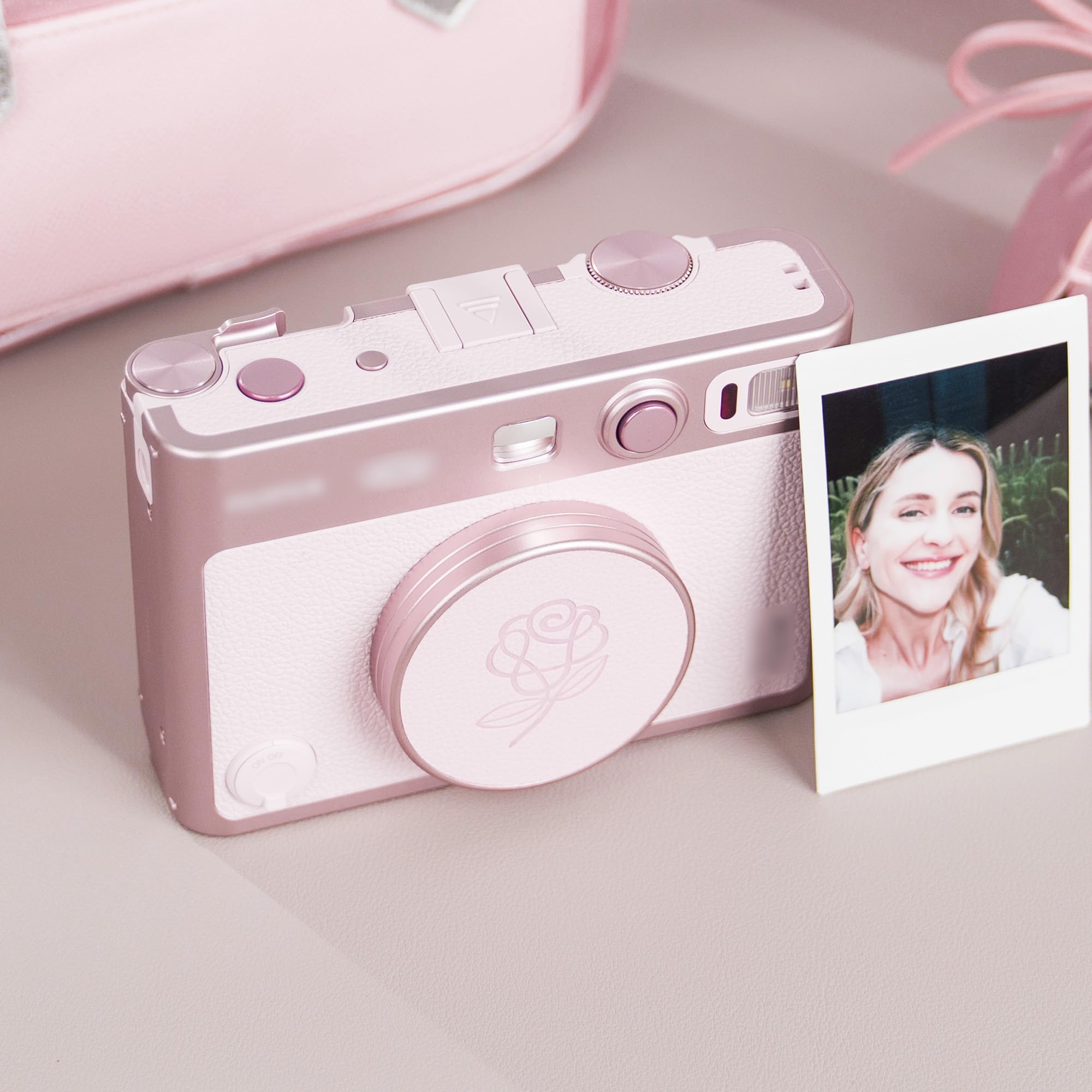 Pink Lens Cap for Fujifilm Insta Mini EVO, Retro Leather Aluminum Anti-Dust Anti-Scratches Lightweight Camera Lens Cover with Rose Pattern, Accessories for Fuji Mini Evo Lens Protection Cover 3