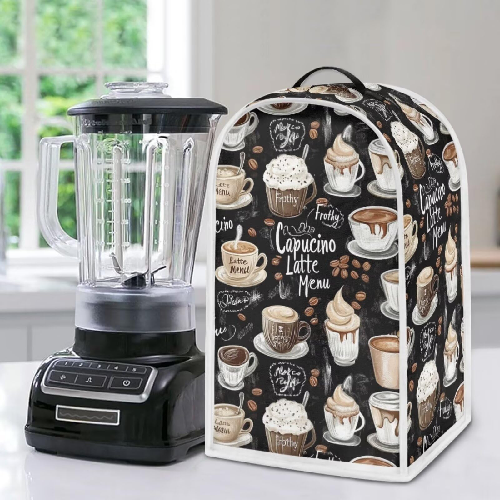 doginthehole Blender Cover with Top Handle Black Coffee Theme Dustproof Coffee & Juicer Maker Food Processor Protector Cover Small Kitchen Appliance Dust Cover for Kitchen Decor 6