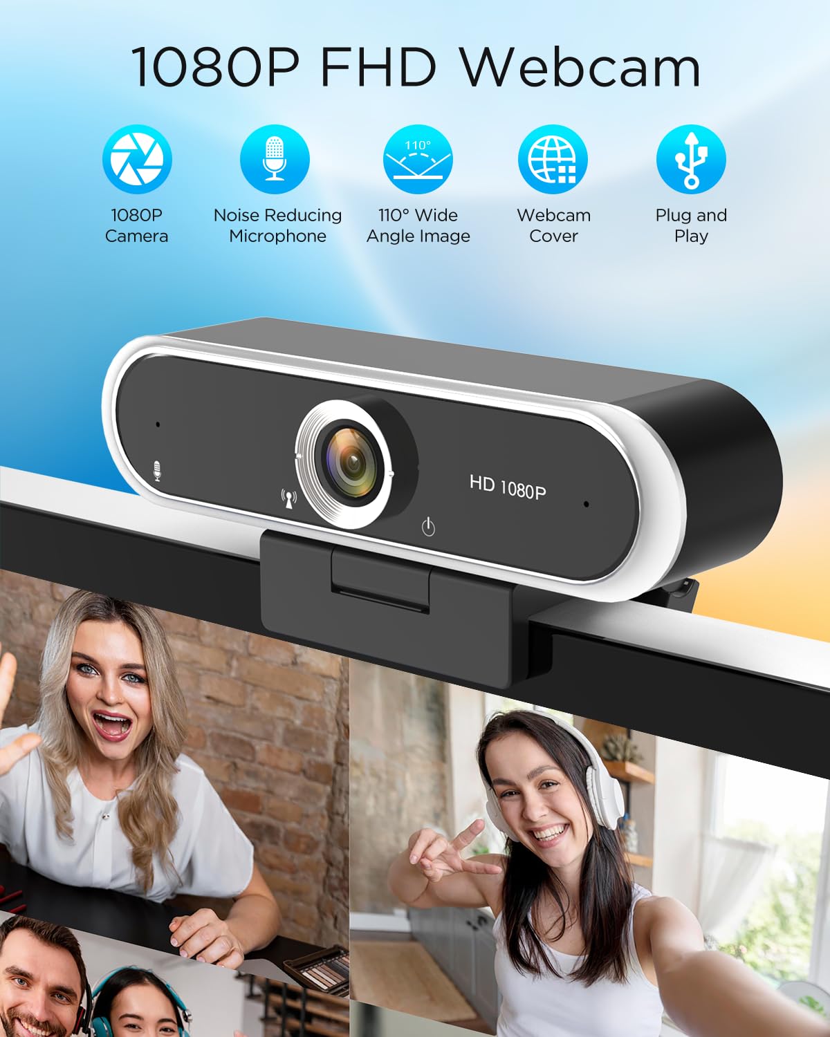 NIVEOLI Webcam 1080P with Microphone & Privacy Cover for PC/Laptop, USB Computer Camera Plug & Play with Auto Light Correction for Video Calls, Live Streaming Gaming & Online Meetings 3