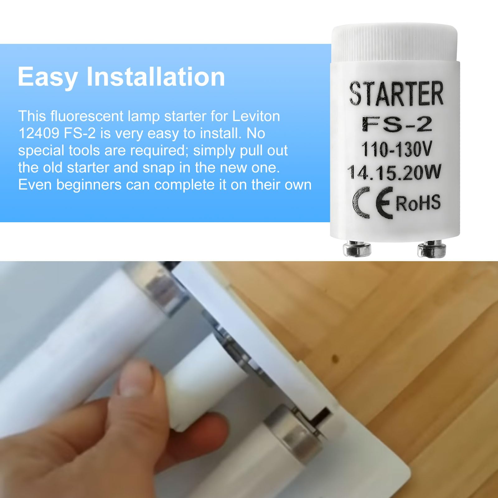 FS-2 Fluorescent lamp Starter for 14W, 15W, 20W Indoor/Outdoor Fluorescent fixtures, FS-2 Starter Tube, Compatible with Leviton 12409 FS-2 Fluorescent Starter 6