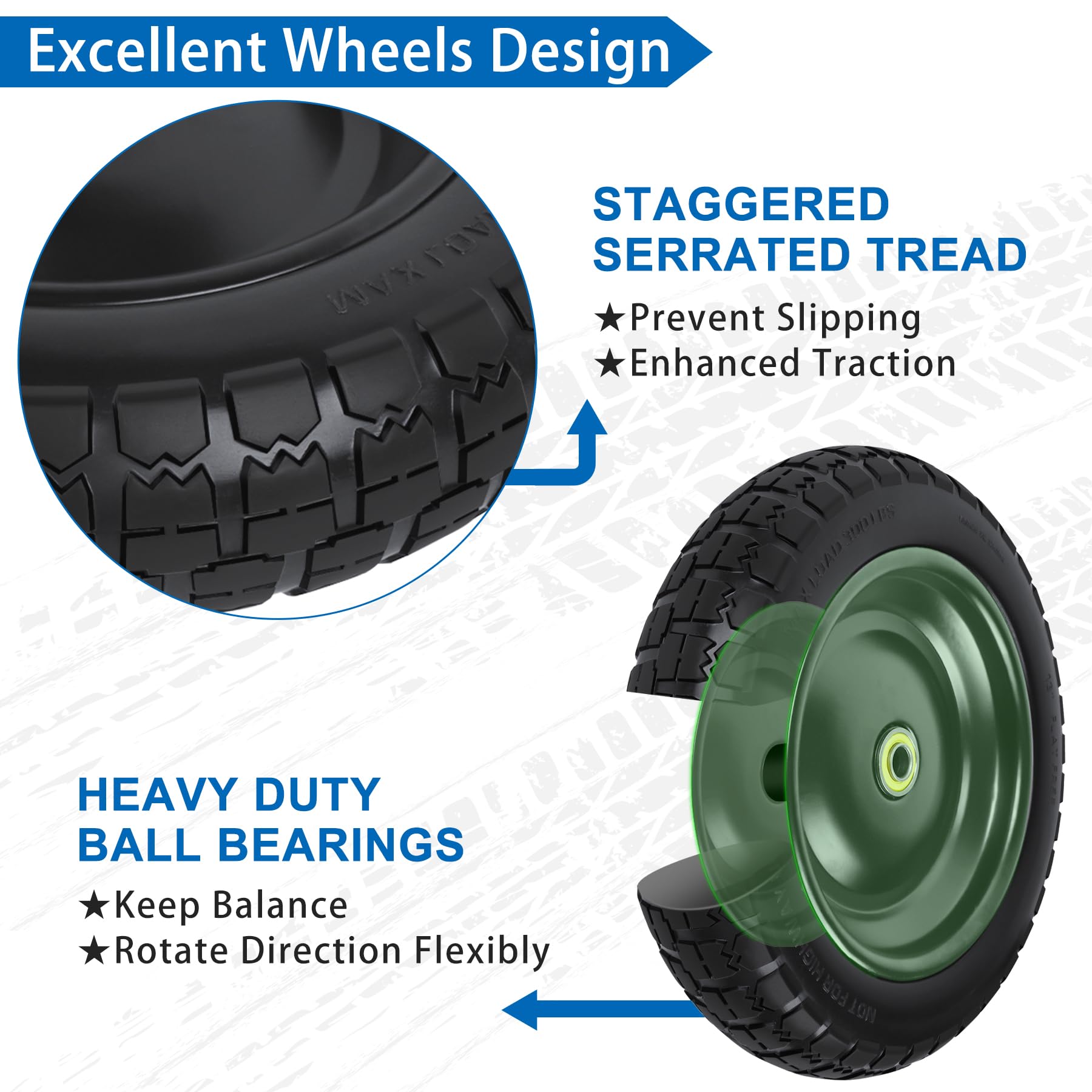 phepetroll 13 Inch Flat Free Wheels Tires 4.00-6 Solid Replacement with Universal 5/8" Axle Bore Hole, 16 Spacers and 8 Pins, for Wheelbarrow, Garden Wagon, Hand Truck, Trolley, Lawn Mower, 4 Pack 4