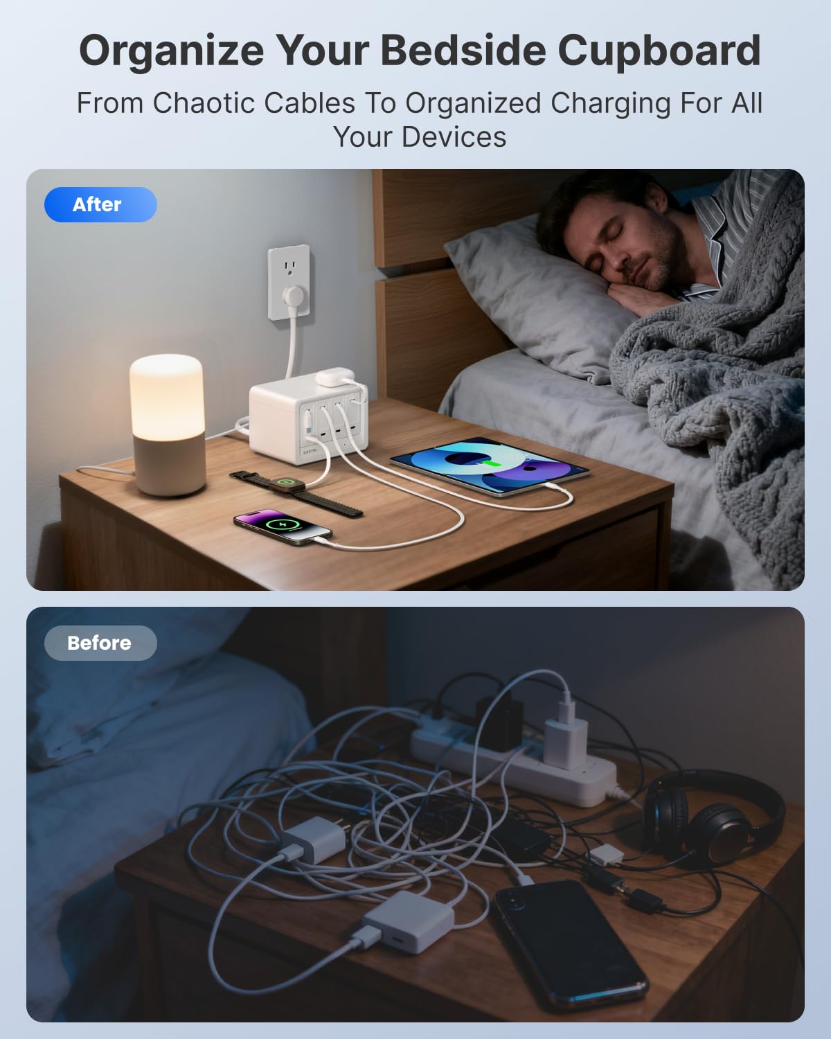 Gitryin 1 DC, 2 Lightning, 2 Type-C Retractable Wall Chargers with 1 USB A Port and 1 Power Strip, Desktop Charging Station 3