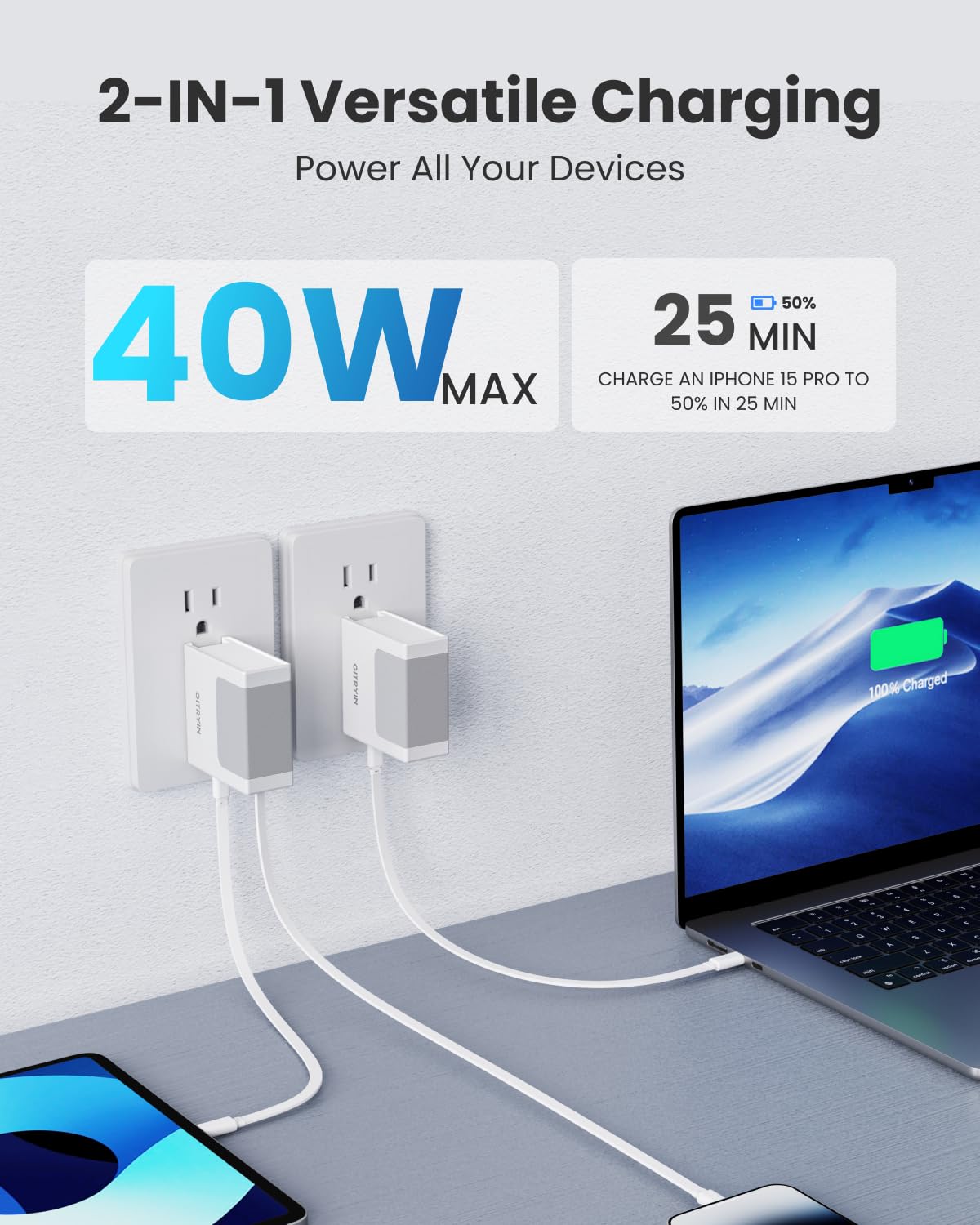 Gitryin 1 DC, 2 Lightning, 2 Type-C Retractable Wall Chargers with 1 USB A Port and 1 Power Strip, Desktop Charging Station 6