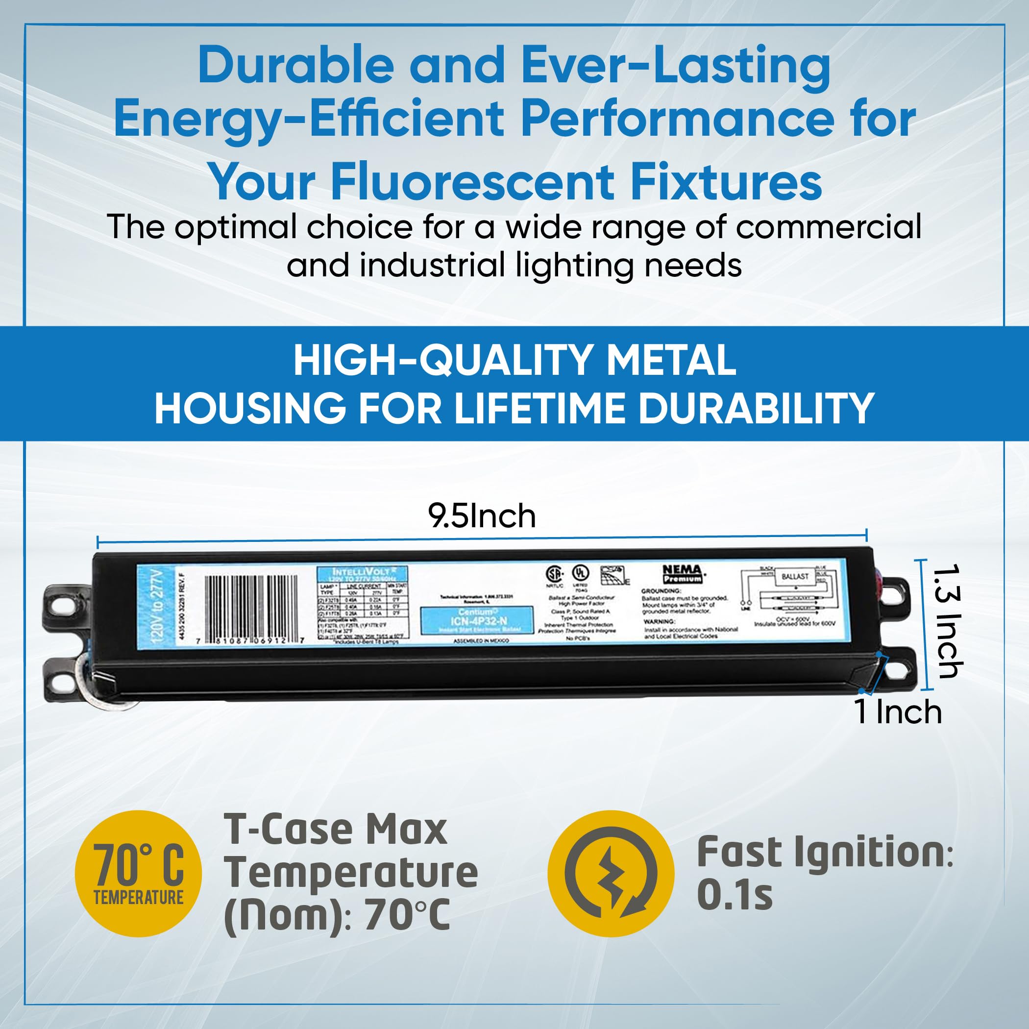 ICN4P32N, 120-277V, 50-60Hz Input Frequency, Solid Wire Type, Instant Start Centium Electronic Fluorescent Ballast for 4 F32T8 Lamp Type, Indoor/Outdoor Use with Automatic Restart Ballast Box, 10 Pack 5