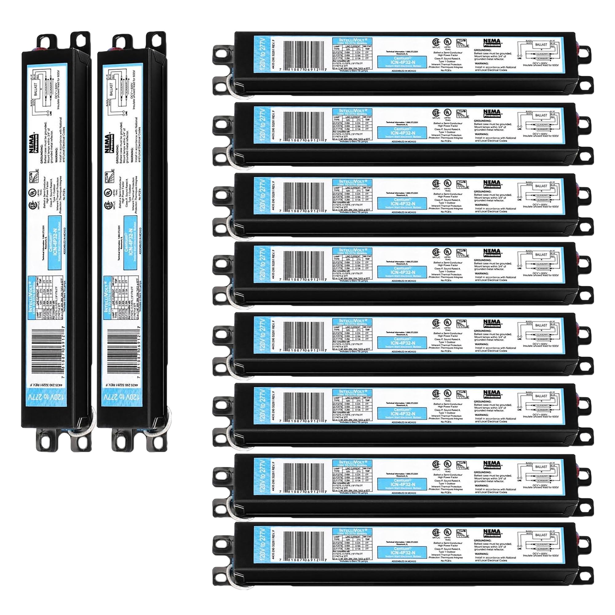 ICN4P32N, 120-277V, 50-60Hz Input Frequency, Solid Wire Type, Instant Start Centium Electronic Fluorescent Ballast for 4 F32T8 Lamp Type, Indoor/Outdoor Use with Automatic Restart Ballast Box, 10 Pack 1