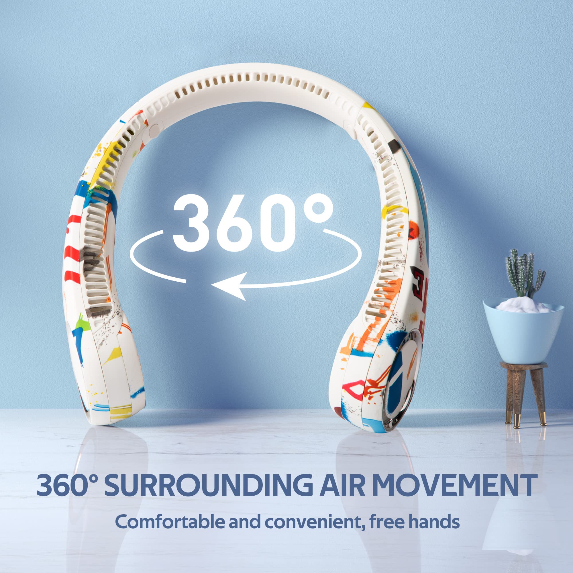 Portable Neck Fan, Hands Free Bladeless Fan, 360° Cooling Personal Fan,Wearable Quiet Fan for Outdoor Indoor, Birthday Gifts for Men Women Mom Dad, 4000mAh Battery USB Rechargeable（White Graffiti） 3