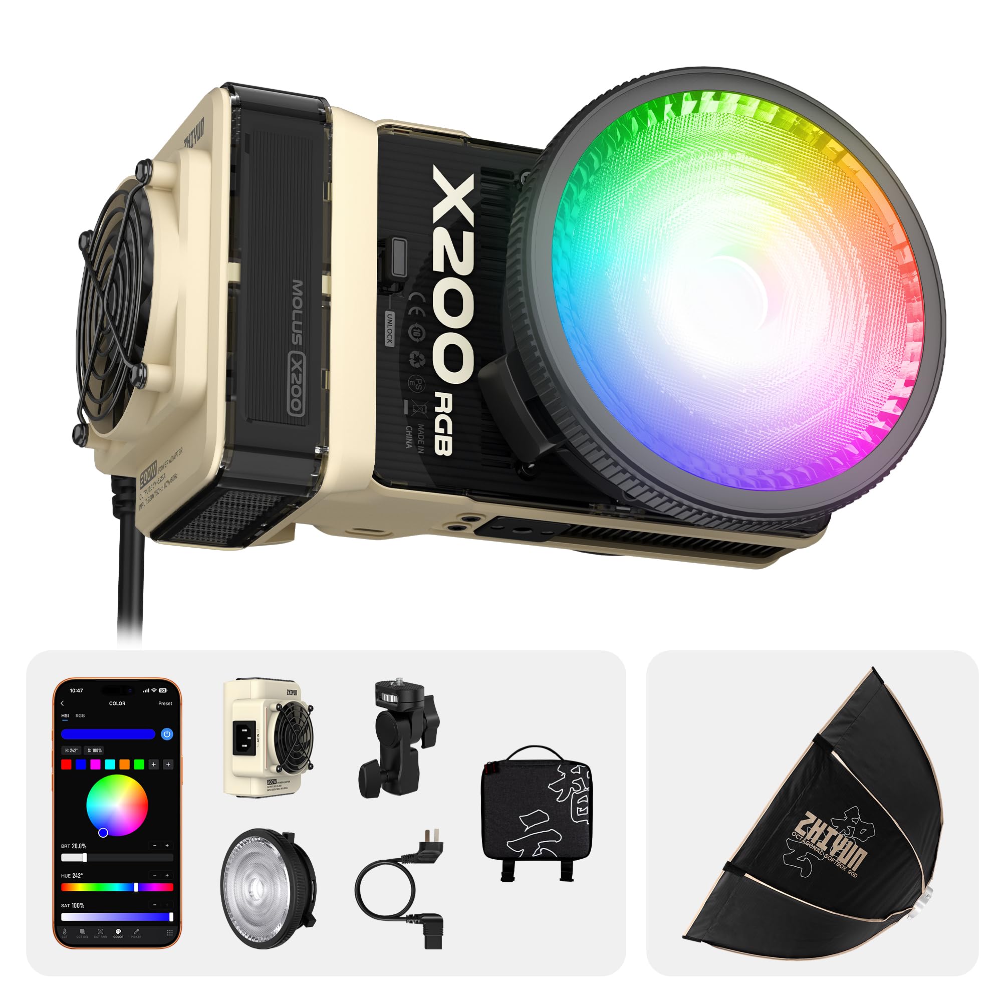 ZHIYUN MOLUS X200 RGB Standard 200W Video Light [Official] + 35"/90cm Octagonal Softbox Quick Release Bowens Mount Softbox Handheld Continuou Output Light Portable Professional Photography Lighting 1