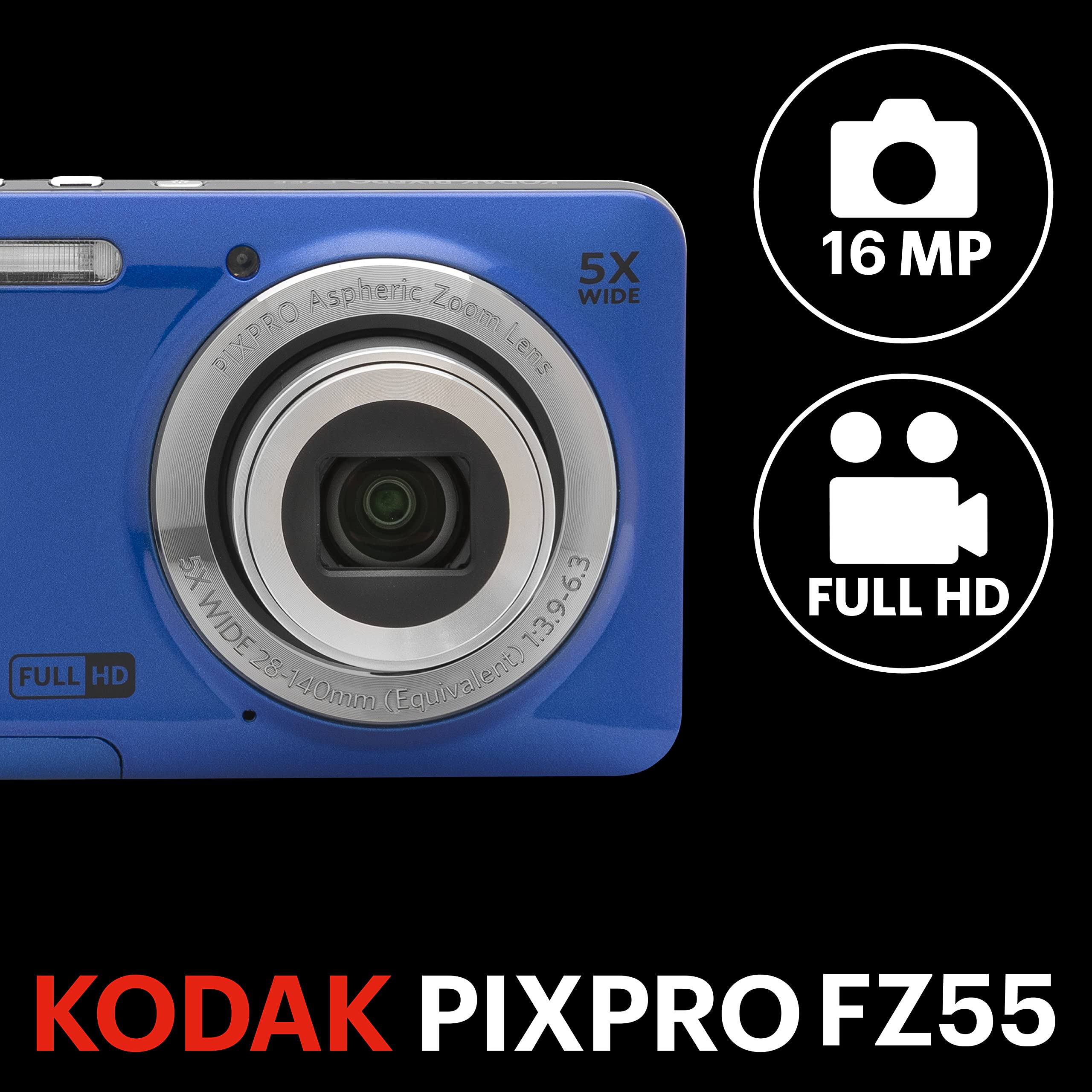 KODAK PIXPRO FZ55-BL 16MP Digital Camera 5X Optical Zoom 28mm Wide Angle 1080P Full HD Video Li-Ion Battery 2.7" LCD Vlogging Camera (Blue) 2