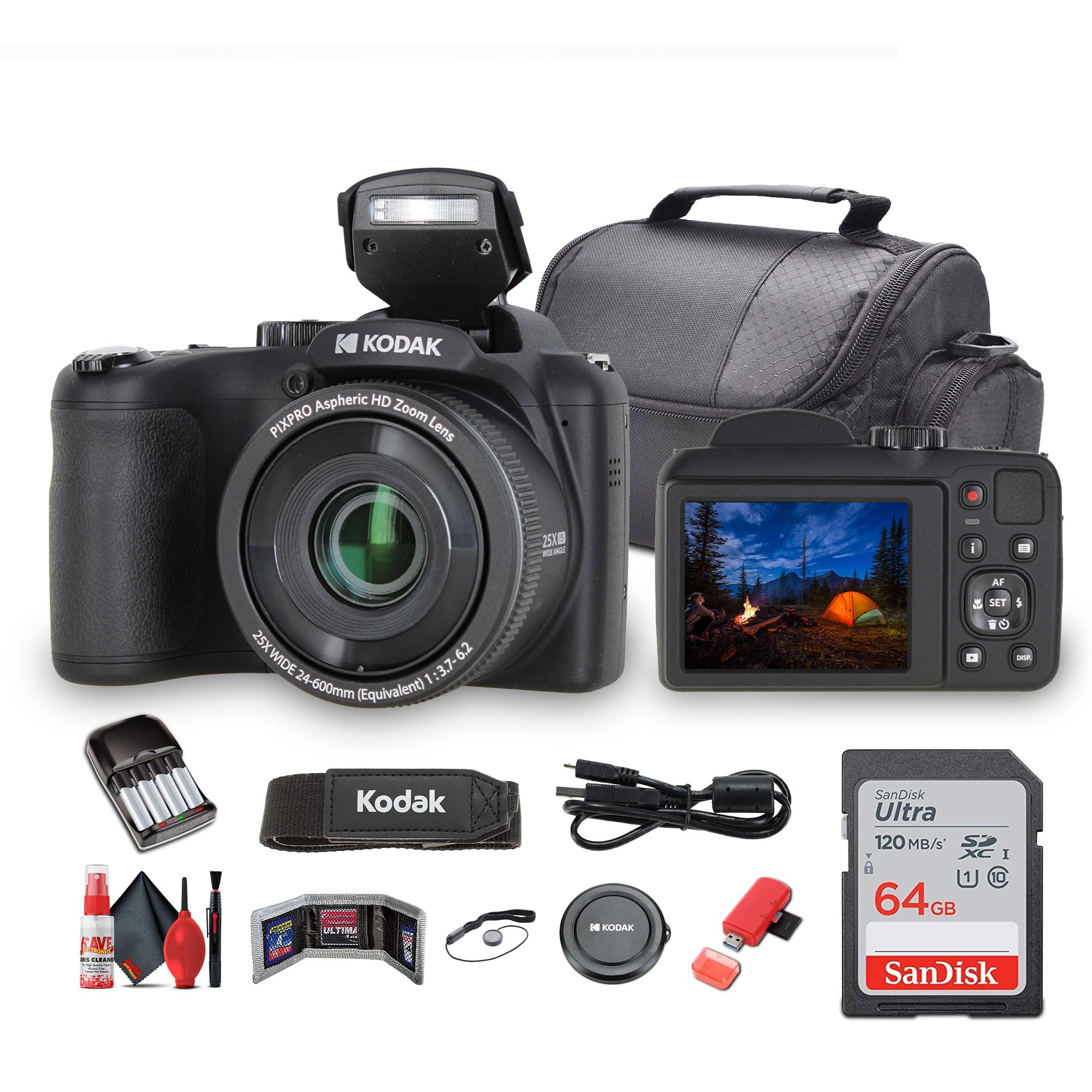 Kodak Pixpro AZ255 Digital Camera (AZ255BK) Bundle Including: 64 GB Memory Card, Rechargeable Batteries, Case, Neck Strap, Lens Caps, Full Cleaning Kit, Card Reader, Card Wallet, USB Cable, Cap Keeper 1