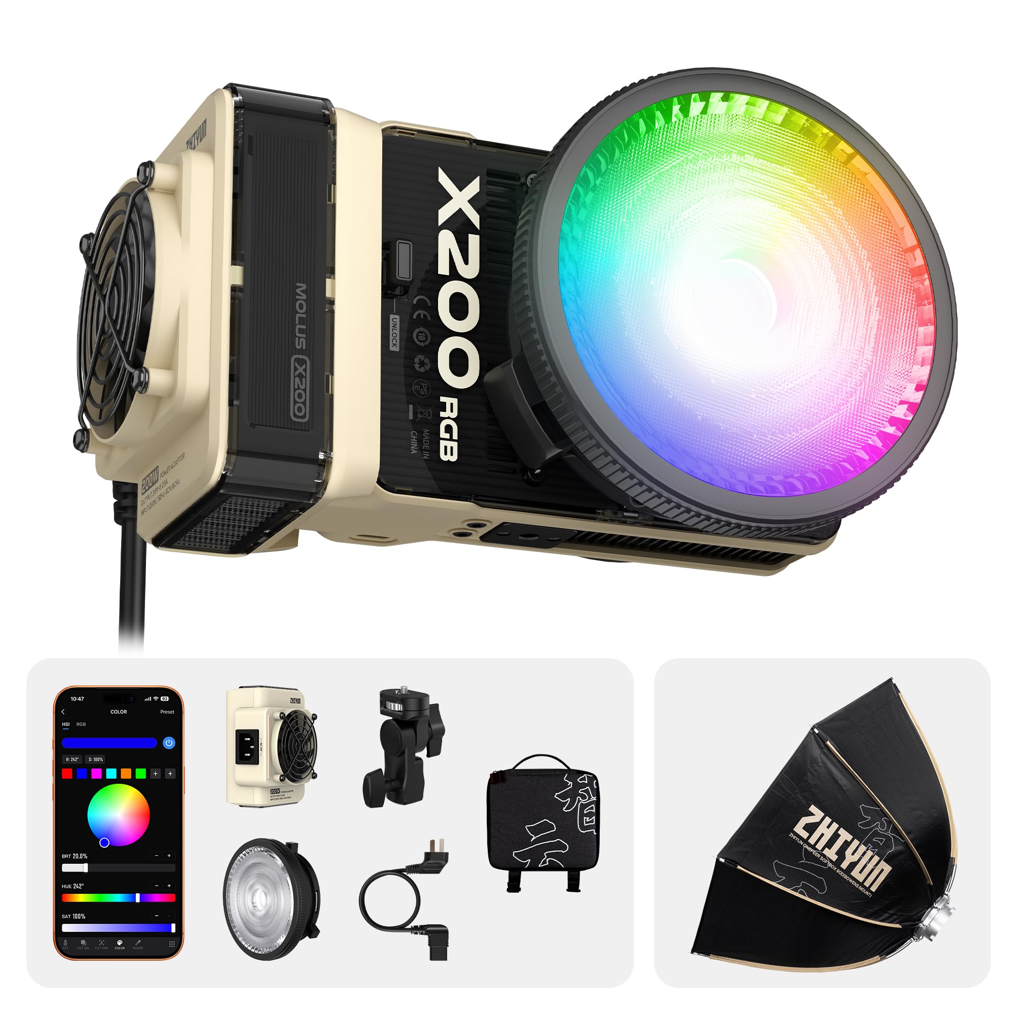 ZHIYUN MOLUS X200 RGB Standard 200W Video Light 35-inch/90cm/2.9ft Bowens Mount Octagonal Softbox [Official] Handheld Continuou Output Light Portable Professional Photography Lighting 1