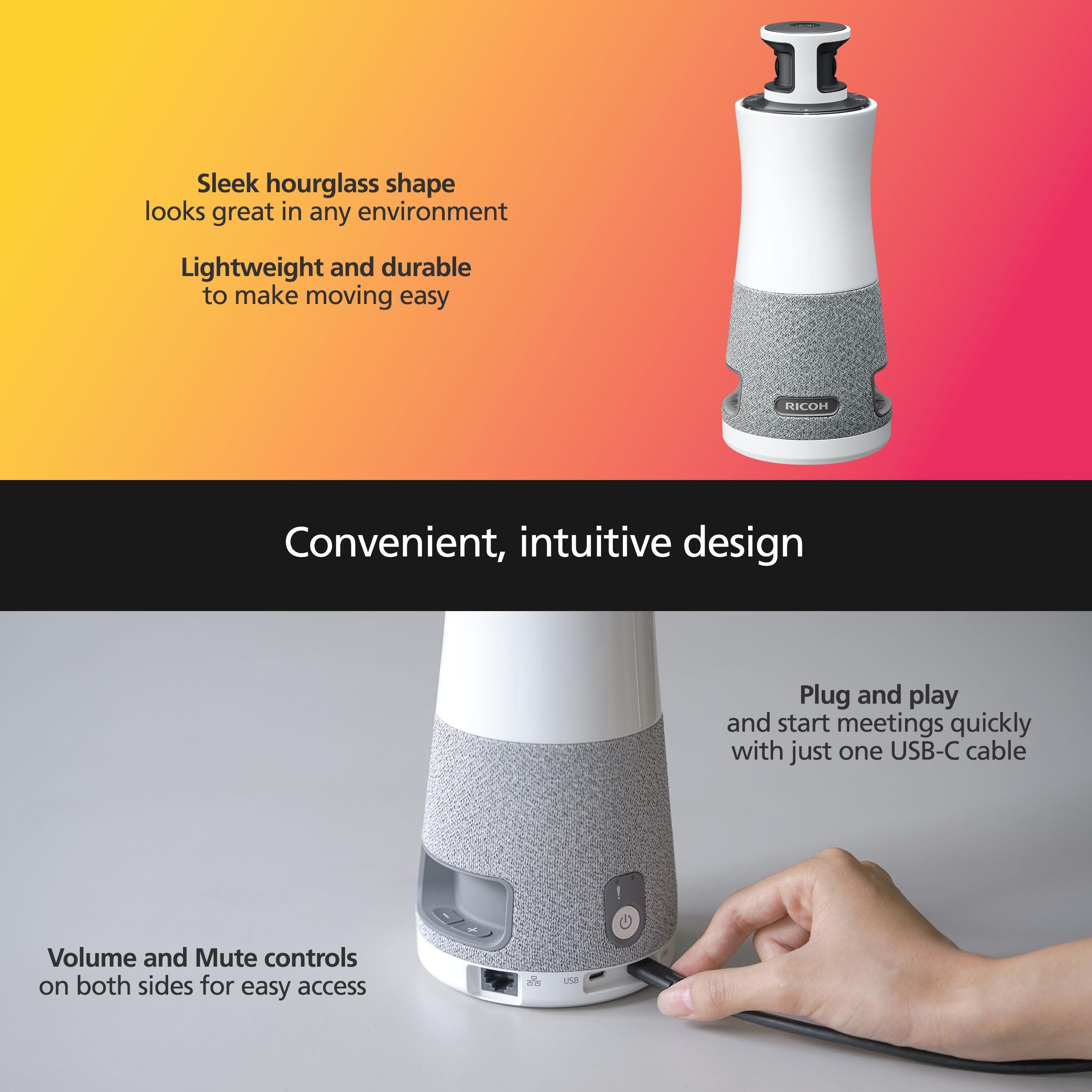 RICOH Meeting 360 3-in-1 Video Conferencing Device | 360 Degree Panoramic View with Active Speaker Detection & Focus | 3 Mics with Background Noise Reduction | 3X 8W Speakers | USB-C Bus Powered 4