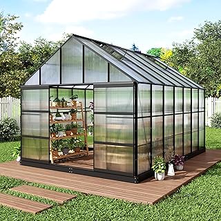 Yardsight 10x14 FT Greenhouse for Outdoors,Quick Setup Polycarbonate Greenhouse with Roof Vent,Walk-in Large Aluminum Green House with Sliding Door for Patio Garden (Black, 10x14 FT) 1