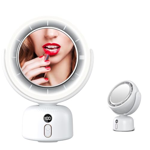 Rechargeable table Fan, Portable Fan with LED Makeup Mirror LED Vanity Mirror 5-Speed Quiet Cooling |Dimming led vanity mirror with light fan | USB-Powered Portable Fan For Home/Office/Outdoor (white)