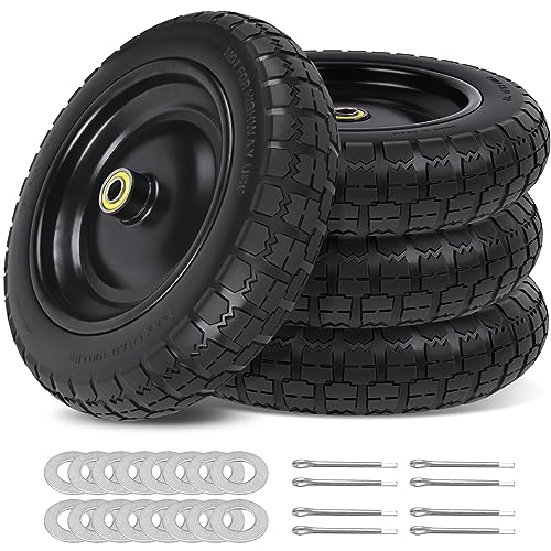 phepetroll 13 Inch Flat Free Wheels Tires 4.00-6 Solid Replacement with Universal 5/8" Axle Bore Hole, 16 Spacers and 8 Pins, for Wheelbarrow, Garden Wagon, Hand Truck, Trolley, Lawn Mower, 4 Pack