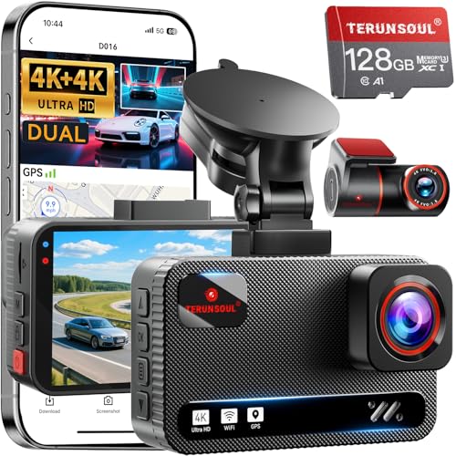 TERUNSOUl 4K+4K Dash Cam Front and Rear, Free 128GB Card Included, 5.8GHz WiFi Dash Camera for Cars, Built-in GPS, G-Sensor, 170°Wide Angle, 3" IPS Screen, 24H Parking Mode, Support 512GB Max