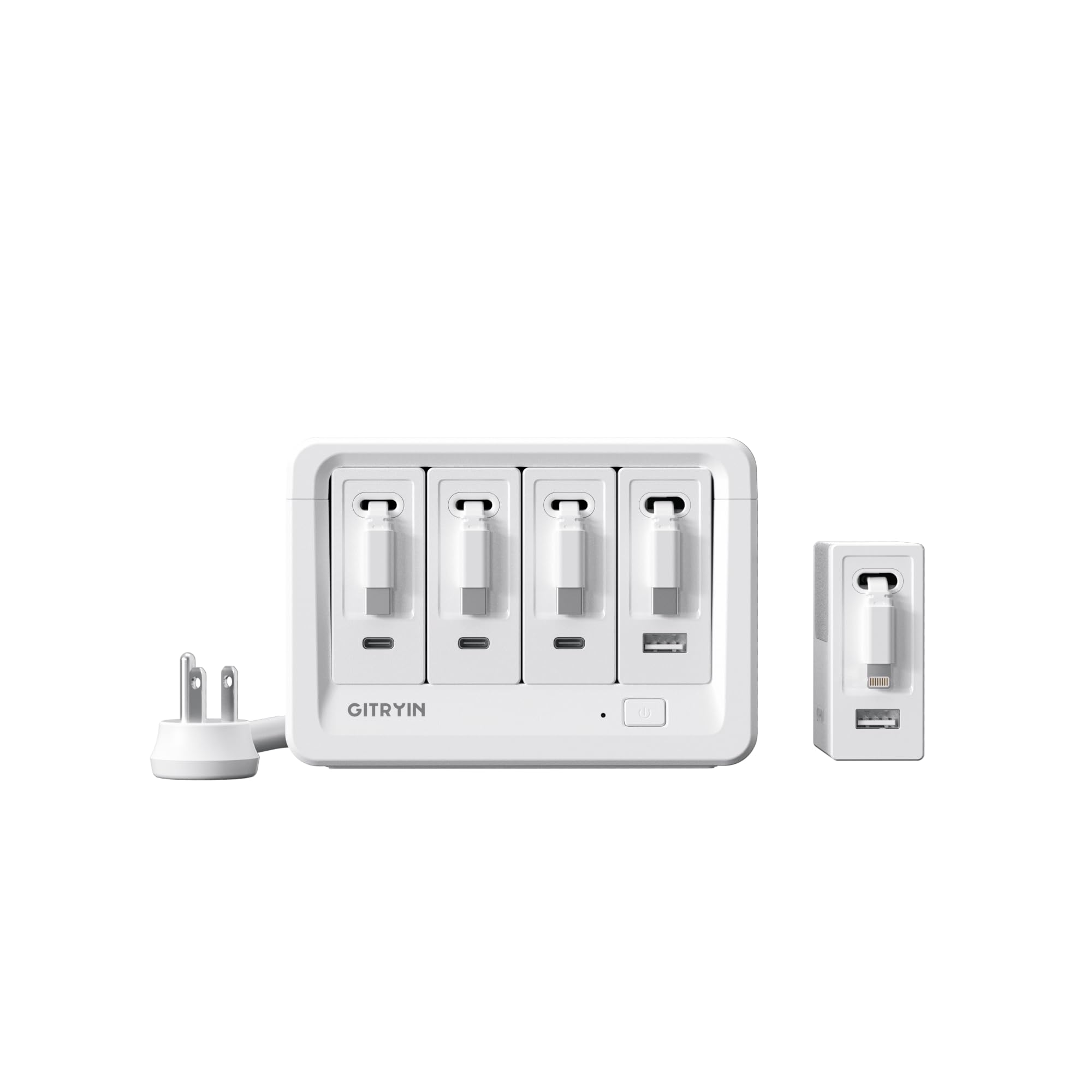 Gitryin 1 Lightning, 4 Type-C Retractable Wall Chargers with 2 USB A Ports and 1 Power Strip, Desktop Charging Station