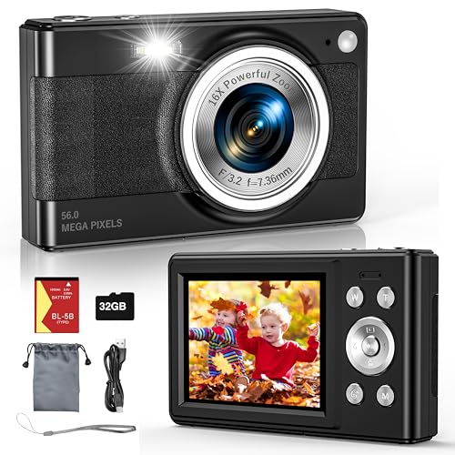 2025 New Digital Camera, 56MP FHD 1080P for Kids with 16x Digital Zoom Anti Shake, Face Detect, Smile Capture, 32GB TF Card, Battery, Lanyard, a Great Gift for Boys & Girls（Black）