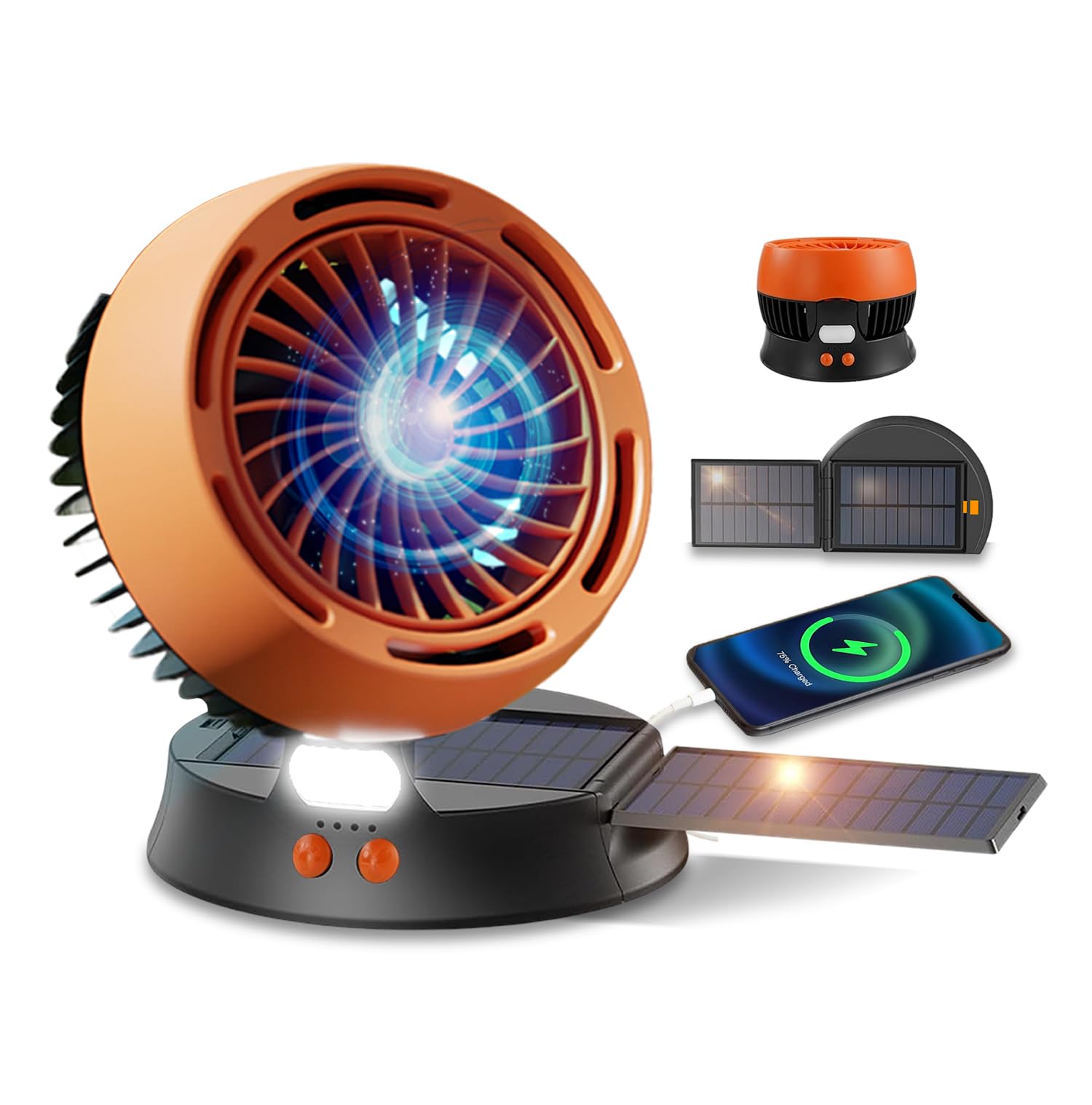 Solar Powered Fan with Lights, Portable Solar Camping Fan Rechargeable Battery Powered, 4 Speeds Quiet Detachable Panel Camping Essentials for Office Outside Tent Travel BBQ Fishing Hurricane Outages