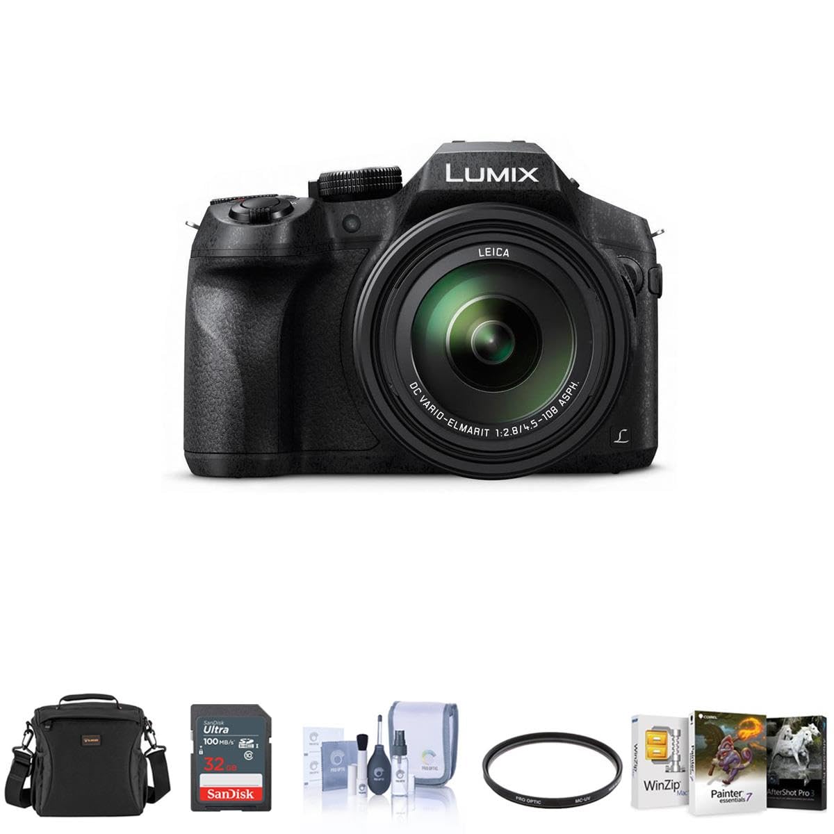 Panasonic Lumix DMC-FZ300 Digital Camera, 12.1 Megapixel, 1/2.3-inch Sensor, 4K Video, Splash/Dustproof Body, 24X Zoom Lens F2.8 Bundle with Bag, 32GB SD Card, Mac Software Pack, Filter, Cleaning Kit