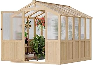 Wooden Greenhouse Garden Wood Green House, 6x8 FT Reinforced Fir Wood Structure Polycarbonate Walk-in Greenhouses Kit ,Safety Vents, Door Latch, Doorstop Hook for All-Weather Gardening and Growing
