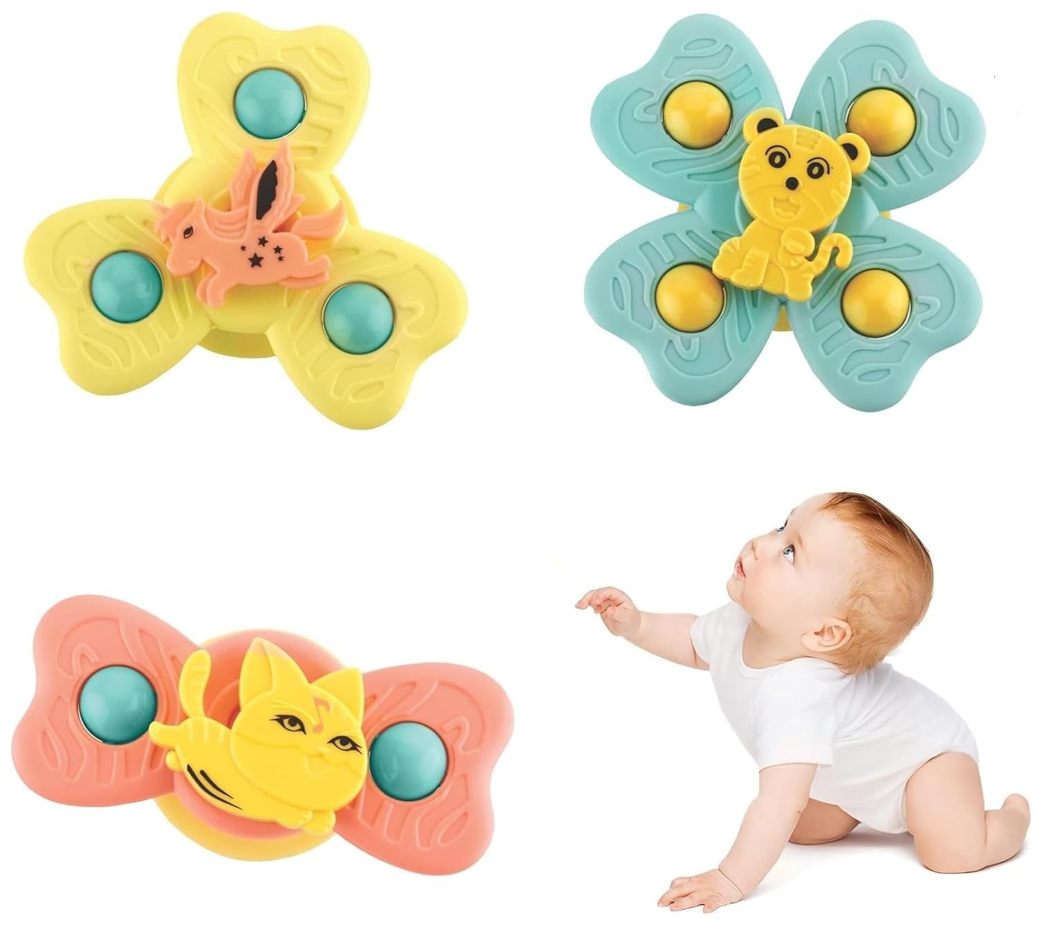 Supreme Deals® Spinning Bath Toy 3Pcs Silicone Suction Cup Base Sensory Waterproof Bath Spinner Bath Sticks to Rotating Learning Baby Smooth Surface Chair Tray for Kids (3Pcs)