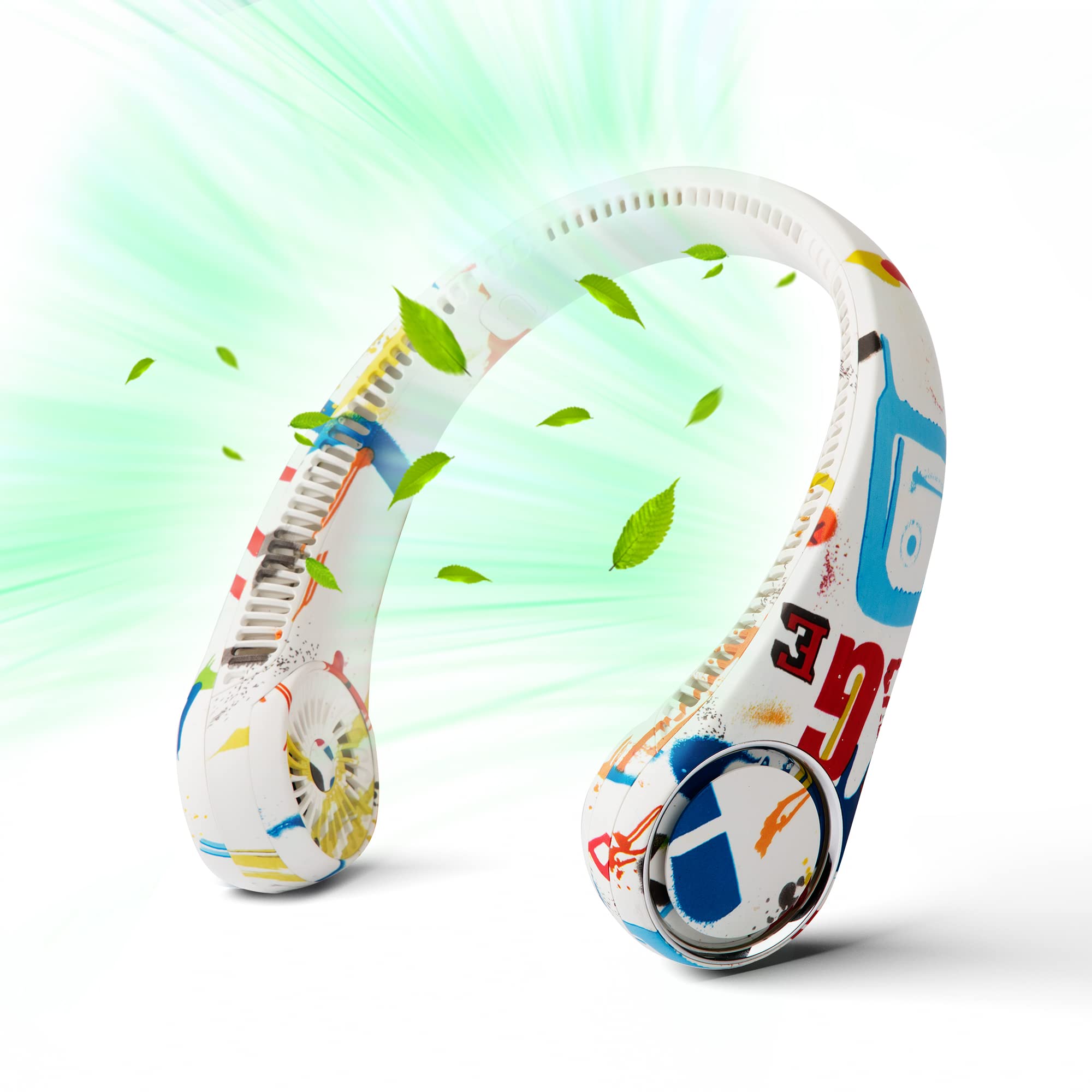 Portable Neck Fan, Hands Free Bladeless Fan, 360° Cooling Personal Fan,Wearable Quiet Fan for Outdoor Indoor, Birthday Gifts for Men Women Mom Dad, 4000mAh Battery USB Rechargeable（White Graffiti）