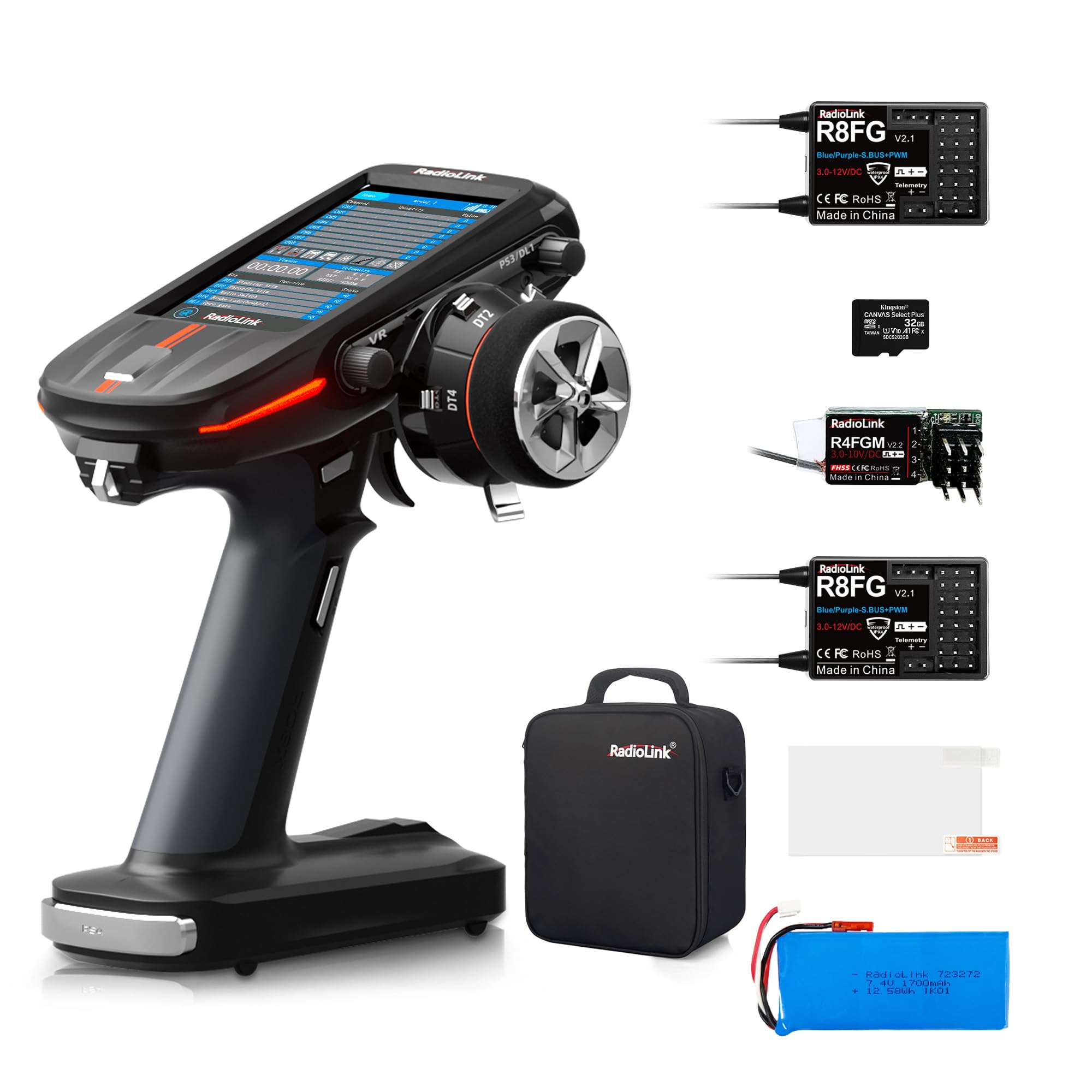 Radiolink RC8X 8 Channels 2.4G RC Transmitter, 2*R8FG V2.1& 1*R4FGM V2.2 Gyro Receivers, 4.3" Touch Screen, Voltage Telemetry Surface Remote Controller, 200 Models for RC Crawler/Drifting/Cars/Boat
