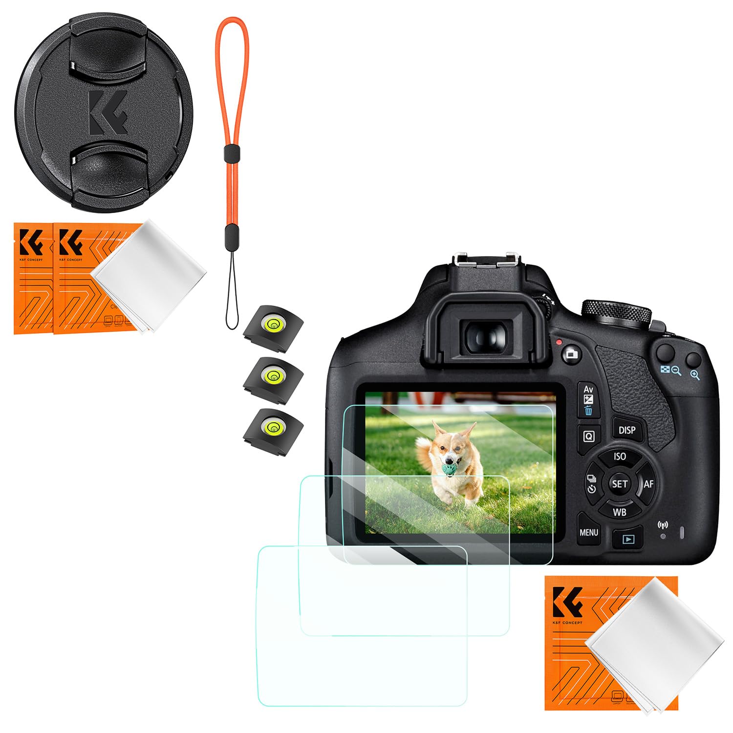 K&F CONCEPT 58mm Lens Cap Cover, 4-in-1 Center Pinch Lens Cover + Anti-Loss Keeper Leash + Microfiber Cleaning Cloth Kits + 3pcs Screen Protector Compatible with Canon