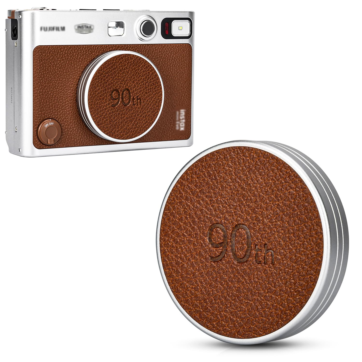 Retro Leather Lens Cap for Fujifilm Instax Mini EVO, Brown Aluminum Anti-Dust Anti-Scratches Lightweight Camera Lens Cover with Soft EVA Interior, Accessories for Fuji Mini Evo Lens Protection Cover