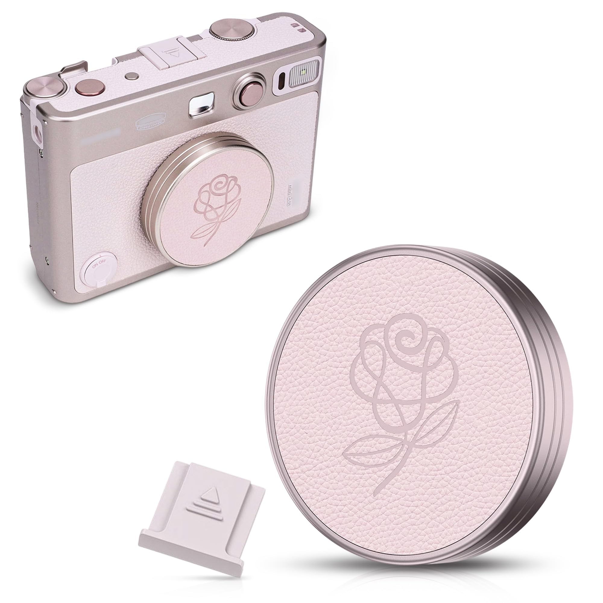 Pink Lens Cap for Fujifilm Insta Mini EVO, Retro Leather Aluminum Anti-Dust Anti-Scratches Lightweight Camera Lens Cover with Rose Pattern, Accessories for Fuji Mini Evo Lens Protection Cover
