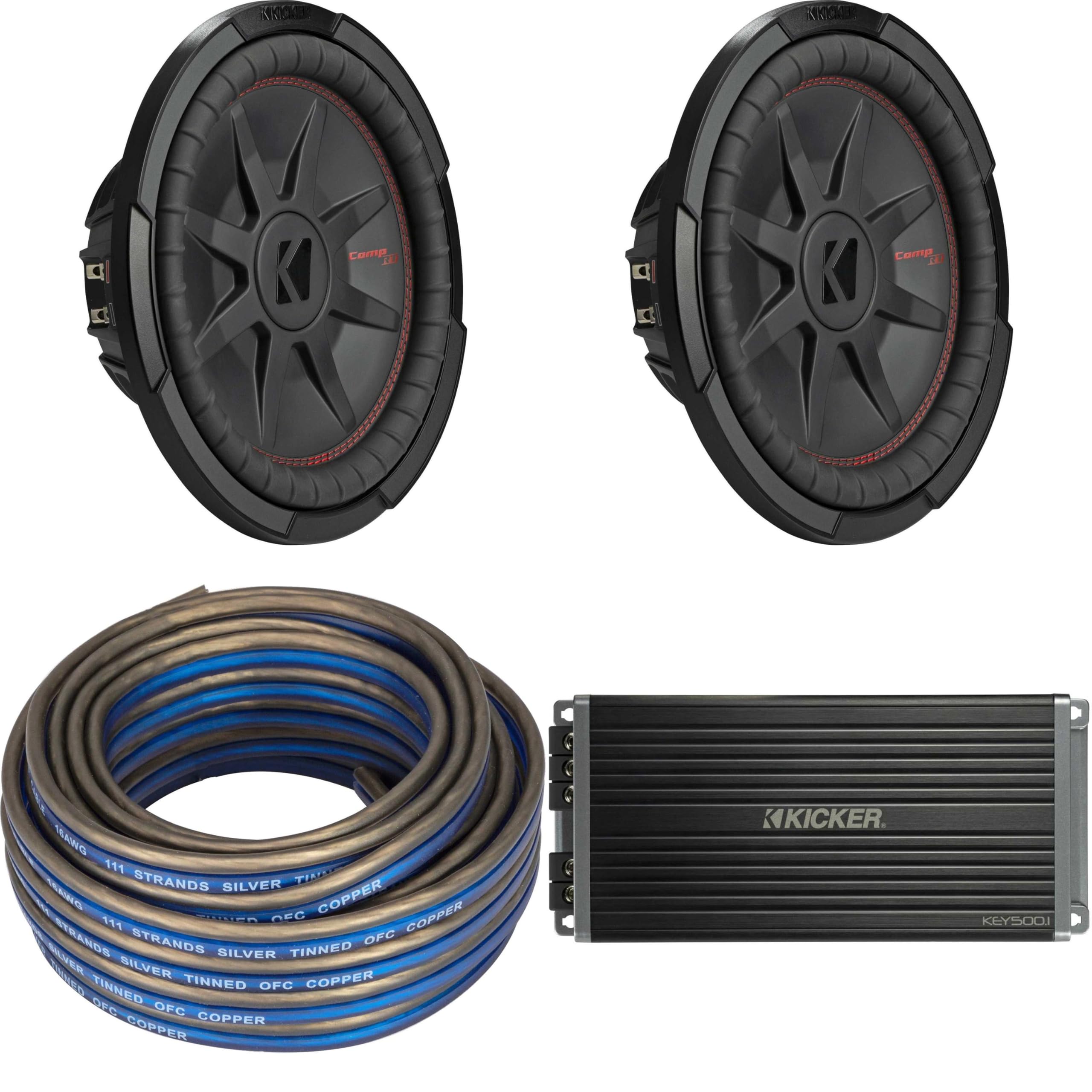 Kicker (2) 48CWRT122 CompRT 12" Subwoofer, DVC, 2-ohm w/ 47Key5001 Amp & Speaker Wire Bundle