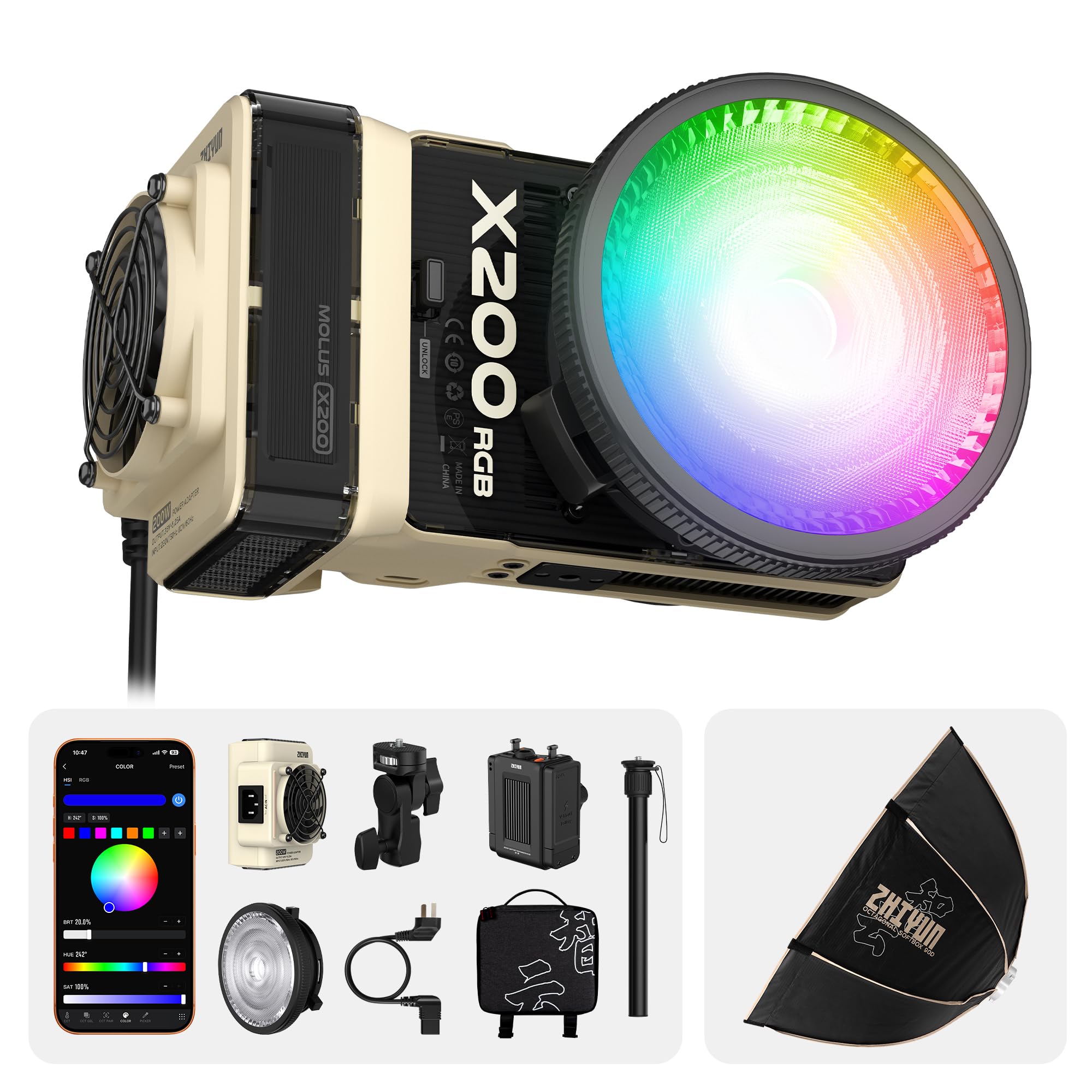 ZHIYUN MOLUS X200 RGB Combo 200W Video Light [Official] +35"/90cm Octagonal Softbox Quick Release Bowens Mount Softbox Handheld Professional Photography Lighting Portable Continuous Output Lighting