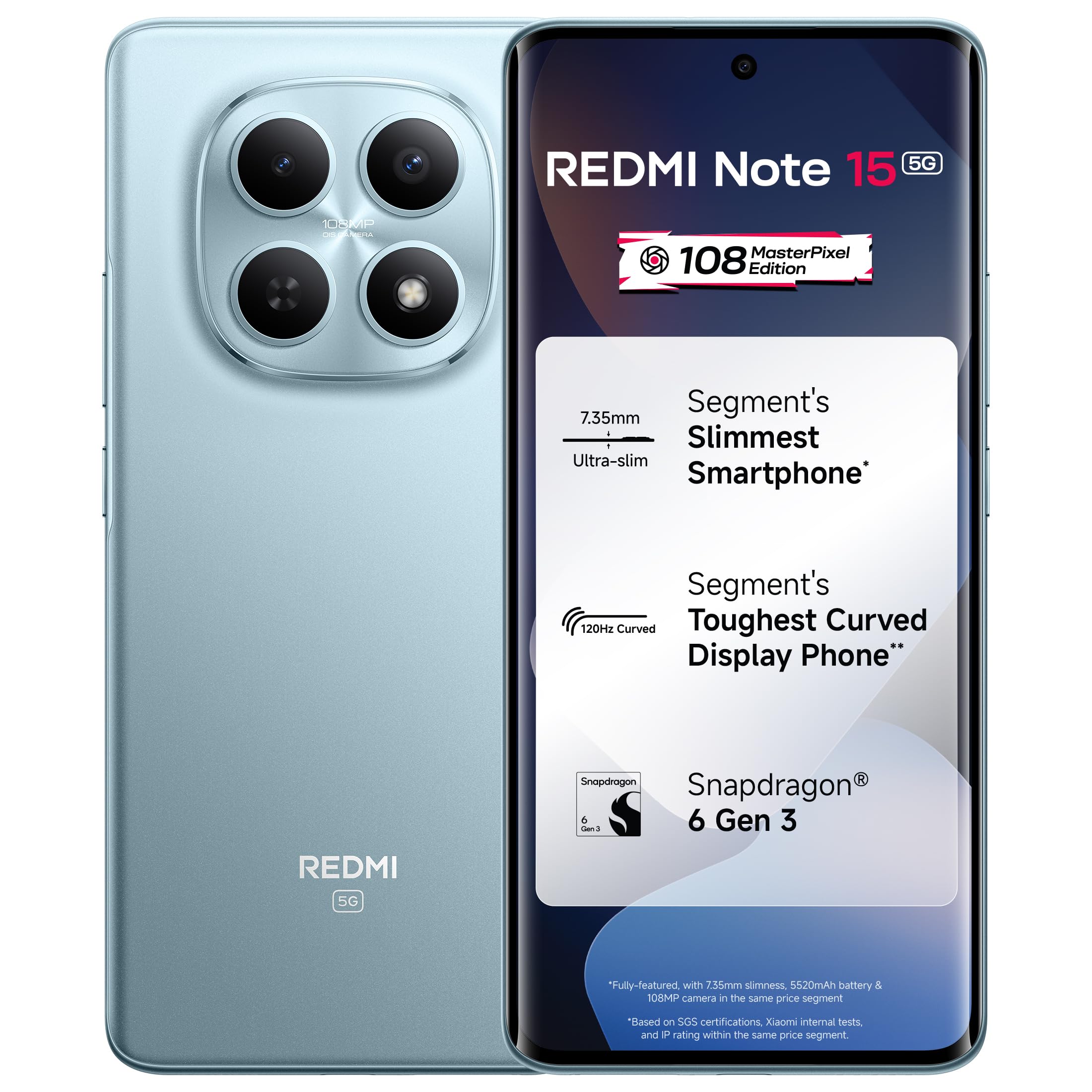 REDMI Note 15 5G (Glacier Blue, 8GB RAM 128GB Storage) | 108MP OIS Camera | Snapdragon 6 Gen 3 | 17.2cm Tough Curved AMOLED Screen | Segment’s Slimmest Phone | 5520mAh Si/C Battery | 45W Fast Charging