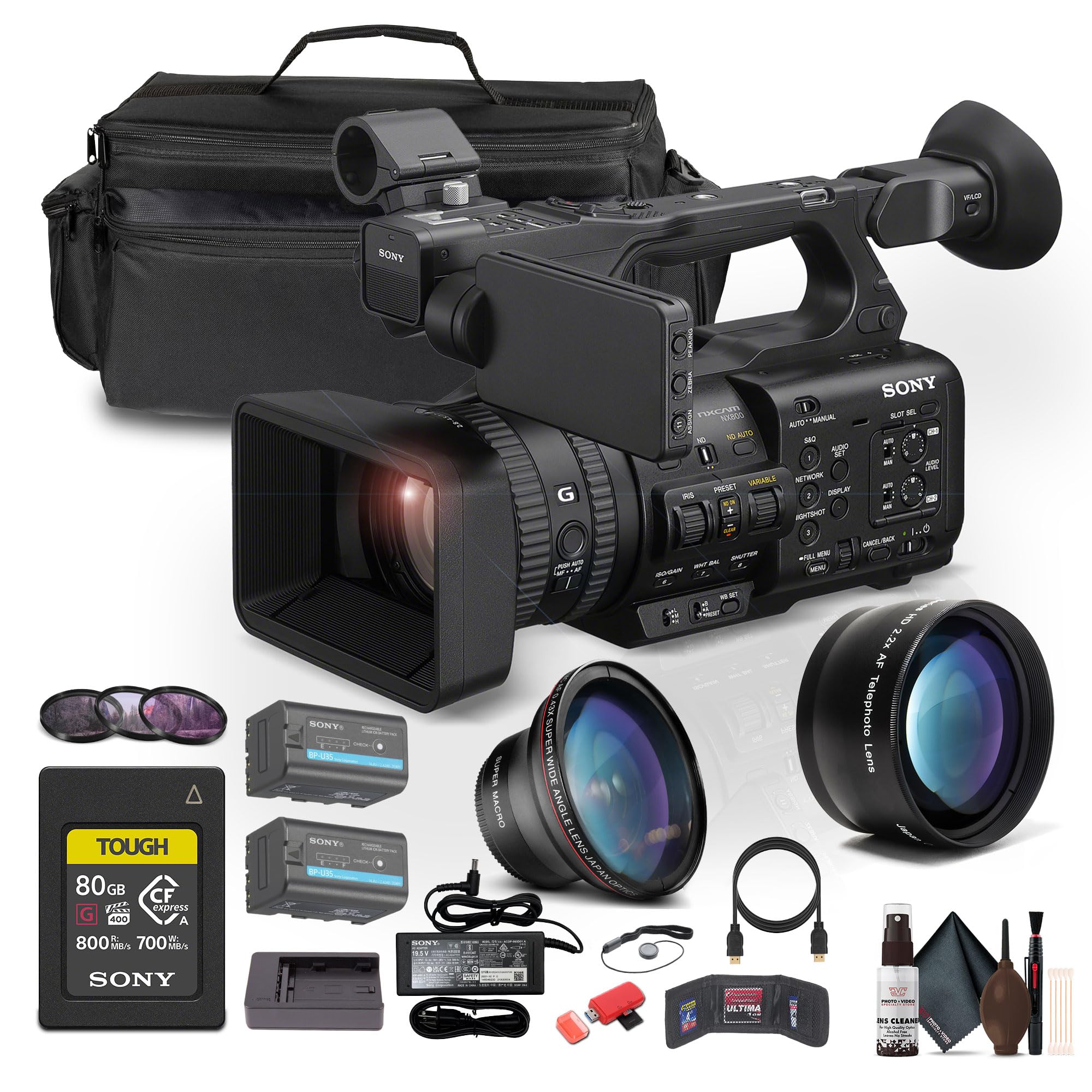 Sony PXW-Z200 4K 1" CMOS Sensor XDCAM Camcorder (PXW-Z200) W 80GB CFexpress Card + BP-U35 Battery + Large Case + Telephoto Lens + Card Reader + Filter Kit + Wide Angle Lens + More