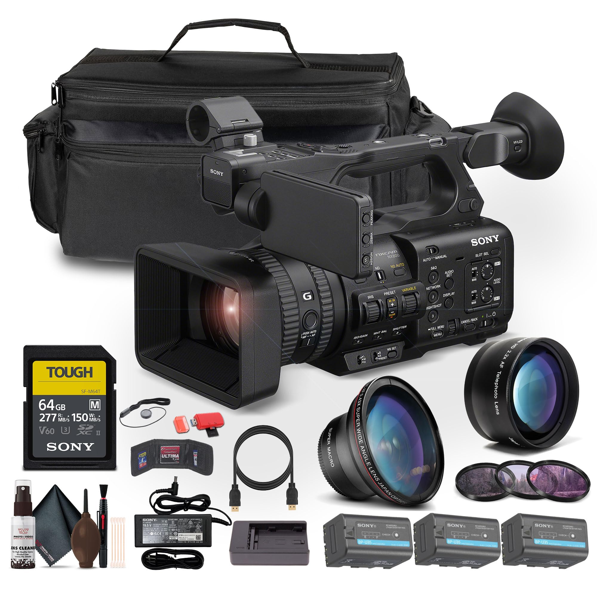 Sony HXR-NX800 4K HDR 1" Sensor NXCAM Camcorder (HXR-NX800) W/ 2 x BP-U35 Battery + 64GB SF-M Tough Series Memory Card + Large Case + Telephoto Lens + Card Reader + Filter Kit + More