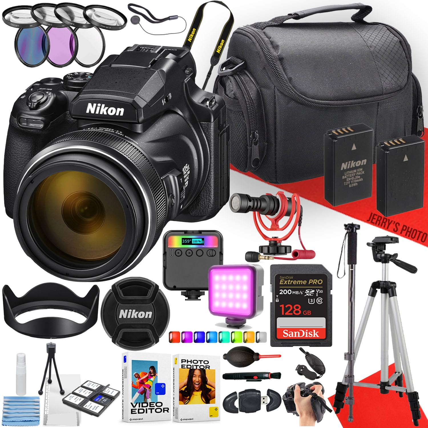 Nikon COOLPIX P1100 Digital Camera with NIKKOR 24-3000mm Lens + Rode Microphone + RGB LED Video Light + 64GB Memory + Monopod + Filters + Tripod + More (29pc Bundle)