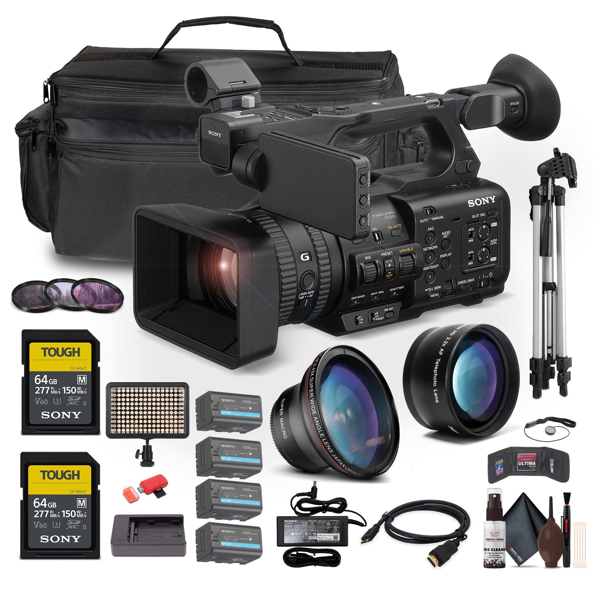 Sony HXR-NX800 4K HDR 1" Sensor NXCAM Camcorder W/ 3 x BP-U35 Battery + 2 x 64GB SF-M Tough Series Memory Card + Large Case + LED Light + Telephoto Lens + Card Reader + Filter Kit + More